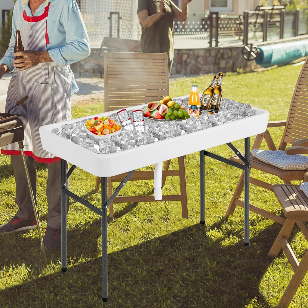 COSTWAY 4FT Cooler Table, Folding Ice Table for Parties with Drain & Bucket & Removable Skirt, Ideal for Tailgate, BBQ & Picnic