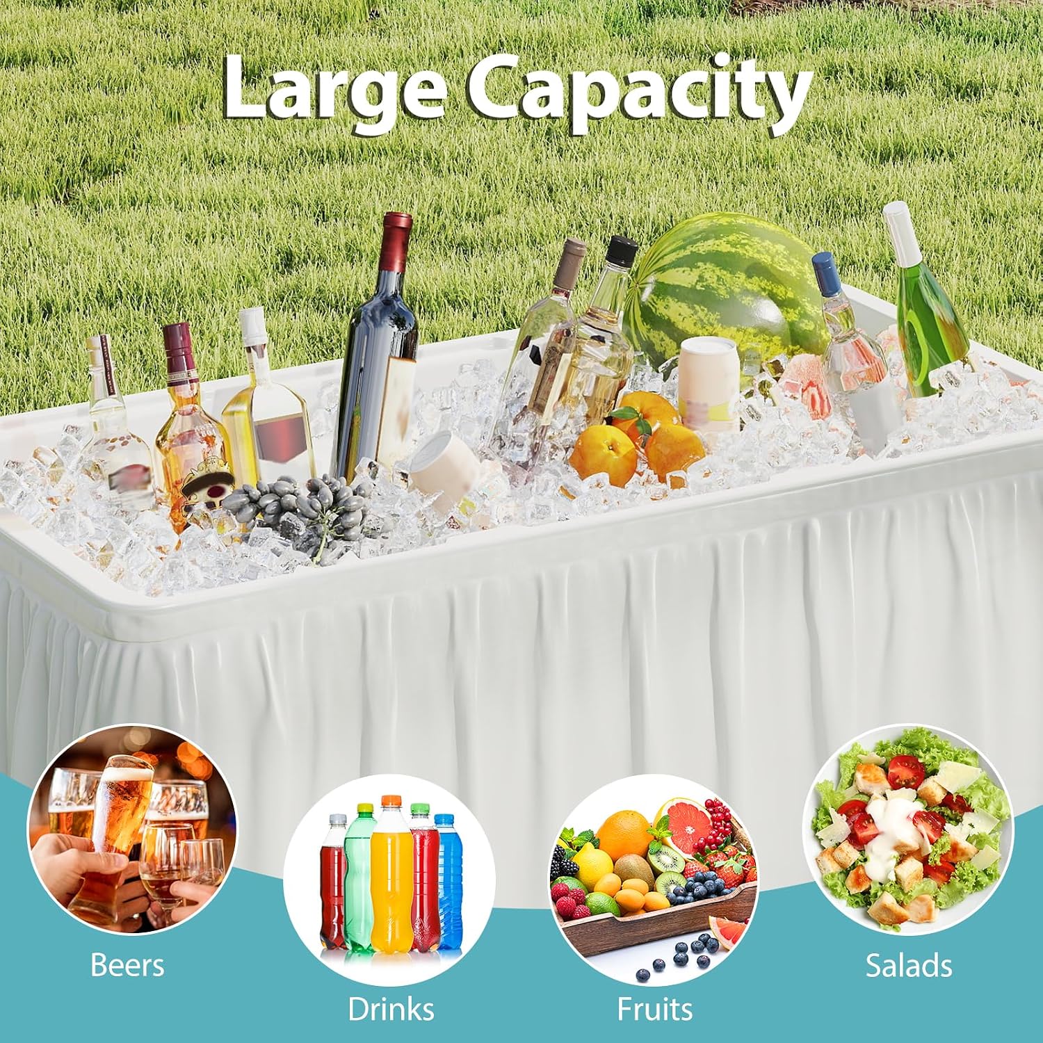 Giantex Folding Ice Cooler Table, 46'' Outdoor Chill Bar Table with Drain, Foldable Bucket & Removable Matching Skirt, for Events, Party, Camping, Buffet Beverage Server, White