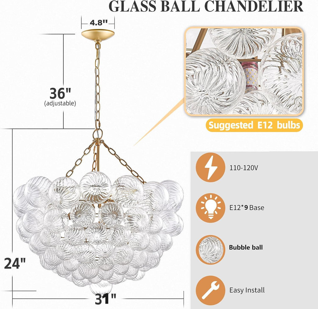 31' Gold 9-Light Bubble Chandelier | Swirled Clear Nordic Glass, Ribbed Glass Globe Pendant, Art Deco Cluster Ball Fixture