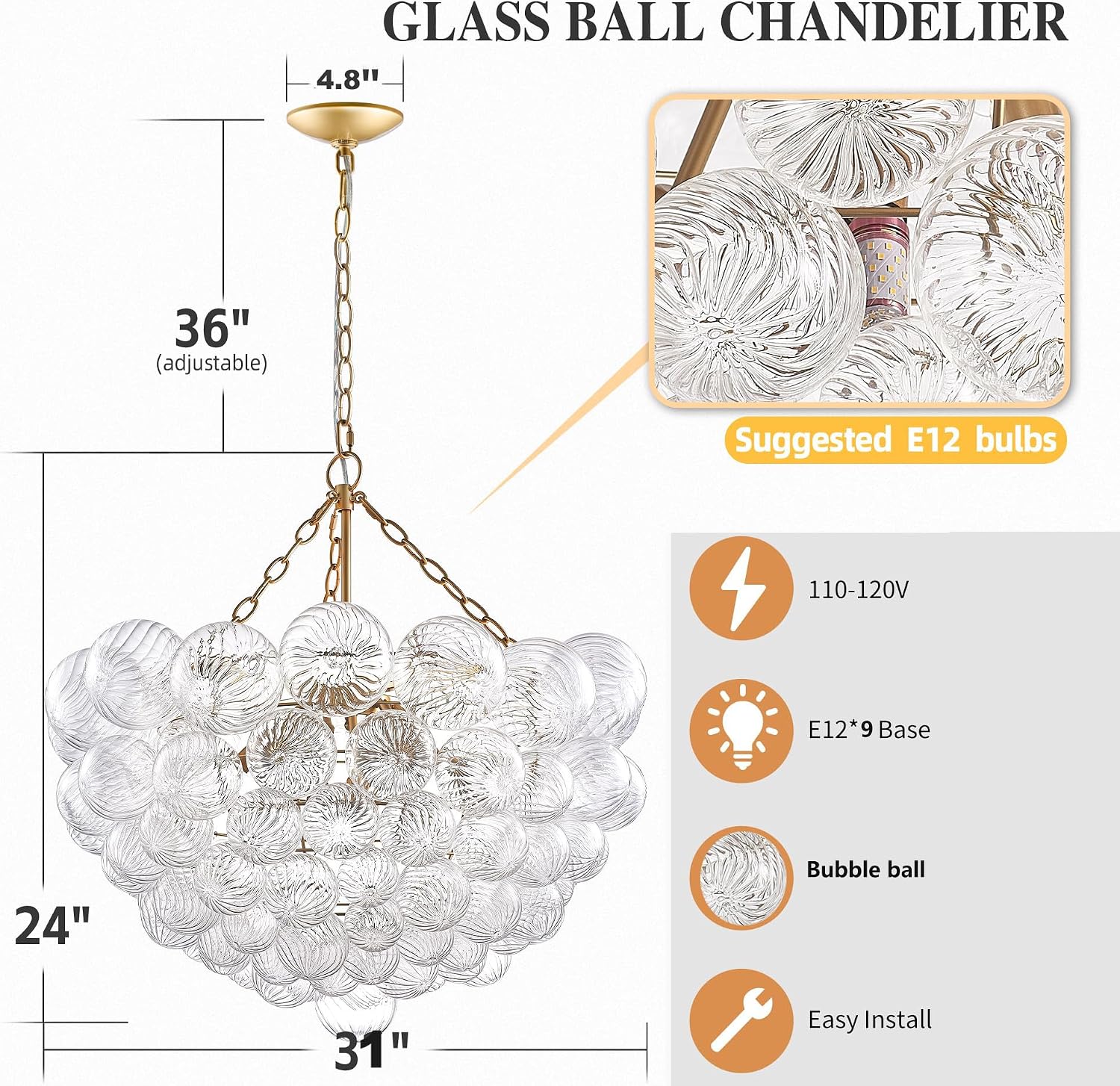 31' Gold 9-Light Bubble Chandelier | Swirled Clear Nordic Glass, Ribbed Glass Globe Pendant, Art Deco Cluster Ball Fixture