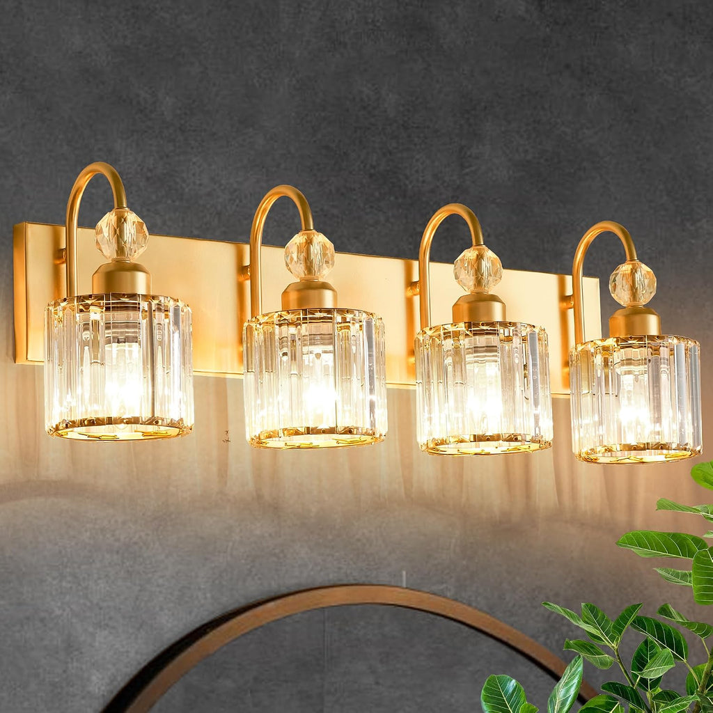 Bathroom Vanity Light Fixtures Over Mirror - Makeup Lighting Pure Gold - for Modern Wall, Bath, Desk, Farmhouse, Hallway - 4 Crystal Lights