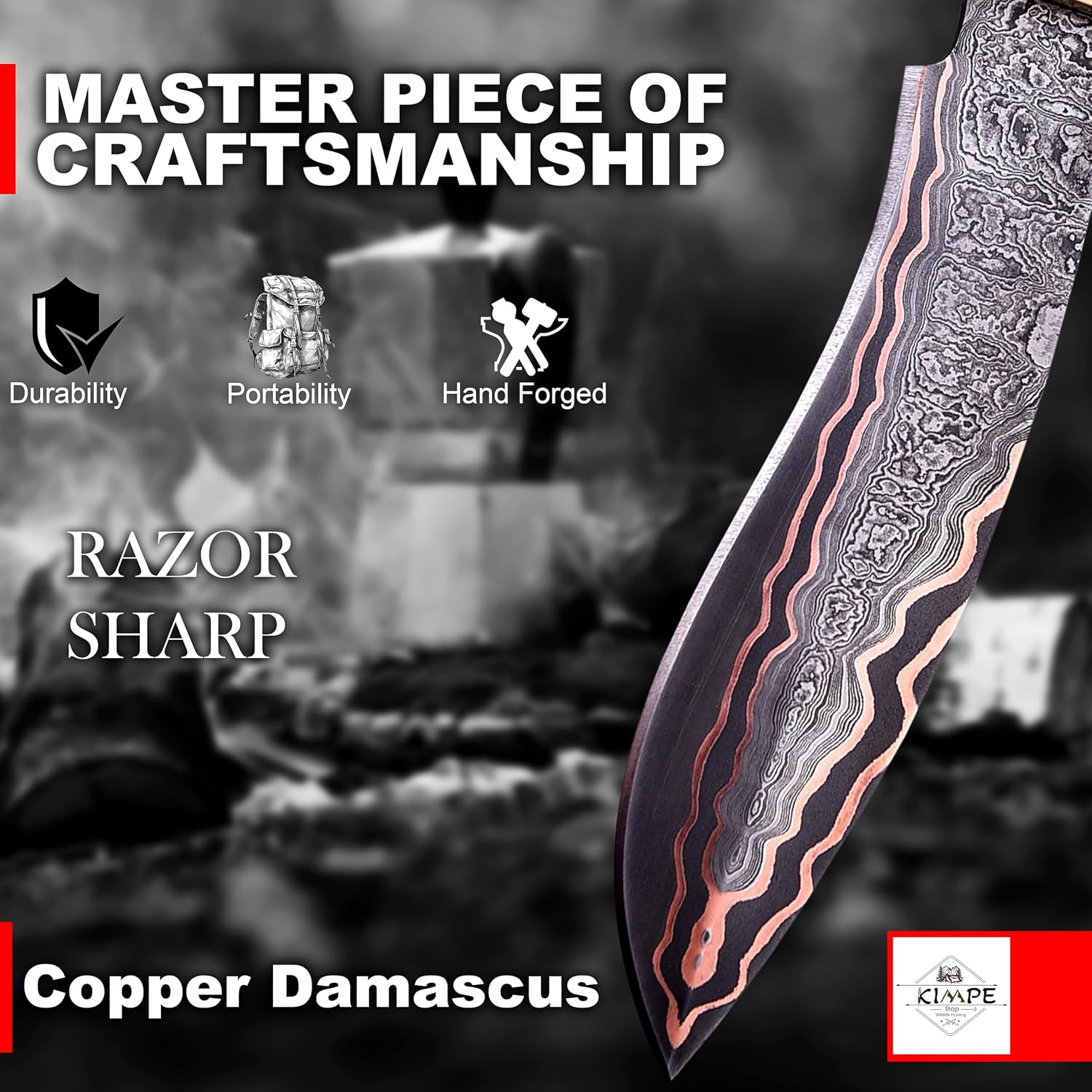 KIMPE Fixed Blade hunting knife. (Copper Damascus & Crown Stag)