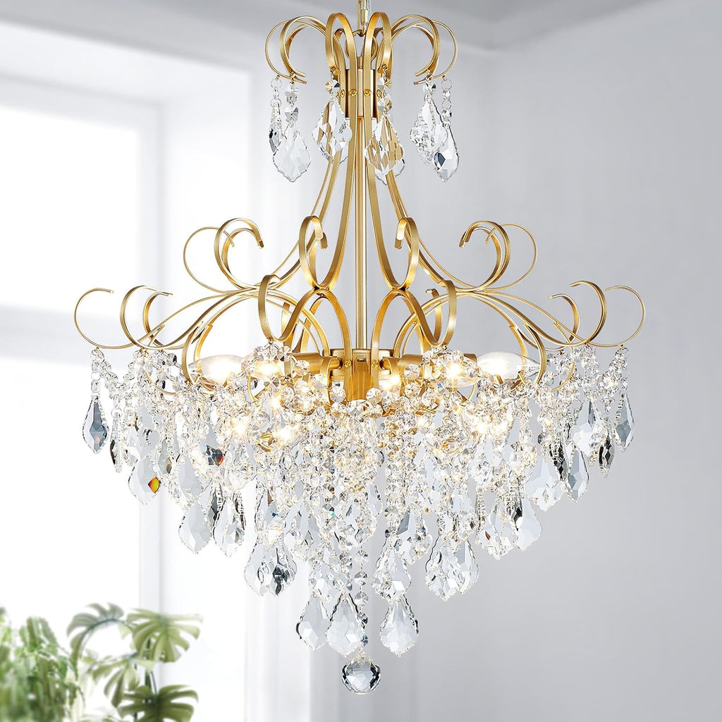 WUZUPS Crystal Chandelier 10-Light Pendant Ceiling Light Modern Lighting Fixture for Dining Room Hallway Bedroom Kitchen Bathroom, H 27.6' x W 22.8', E12 Base, Gold