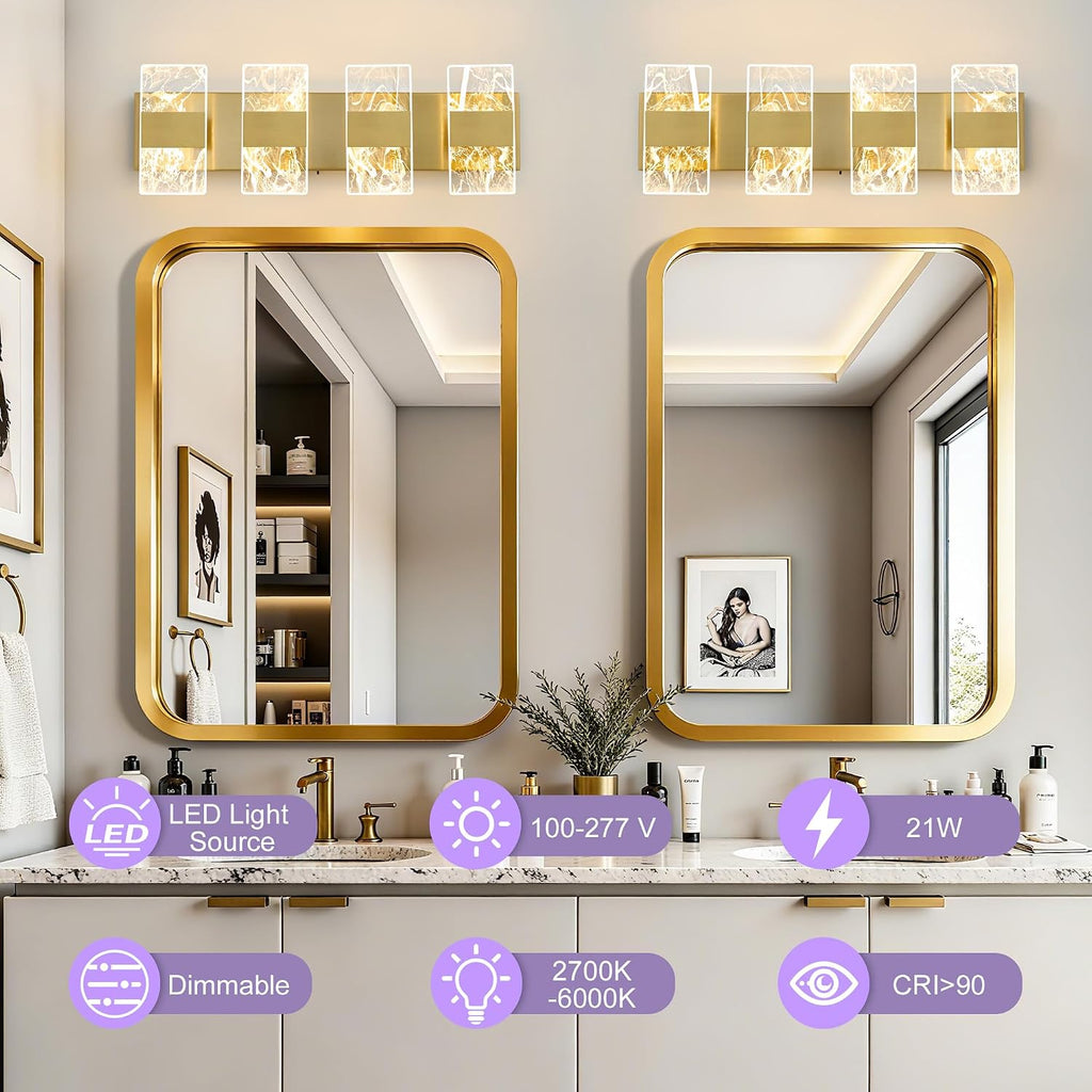 Modern LED Bathroom Light Fixtures Dimmable 4-Light Gold Vanity Light, 5CCT Adjustable Lighting Fixture Vanity Lights Over Mirror, Smoked Acrylic LED Vanity Lights for Bathroom