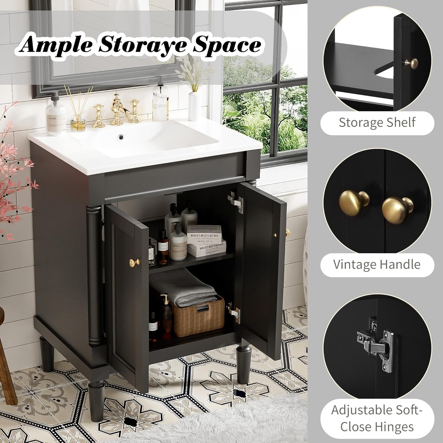 Virubi 24 Inch Bathroom Vanity with Single Sink Combo Set, Modern Bathroom Storage Cabinet with Double Soft Closing Doors, Solid Wood Frame Bathroom Vanities. (Dark Black)