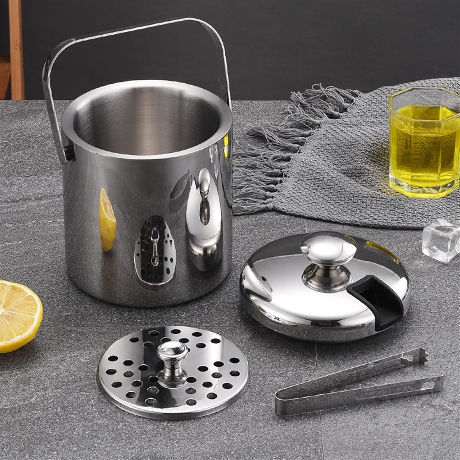 Ice Bucket Champagne Bucket 1.3L Ice Bucket With Lid And Filter Stainless Steel Ice Bucket Double Wall Ice Cube Container Bar Home Ice Bucket Ice Bucket Beverage Tub