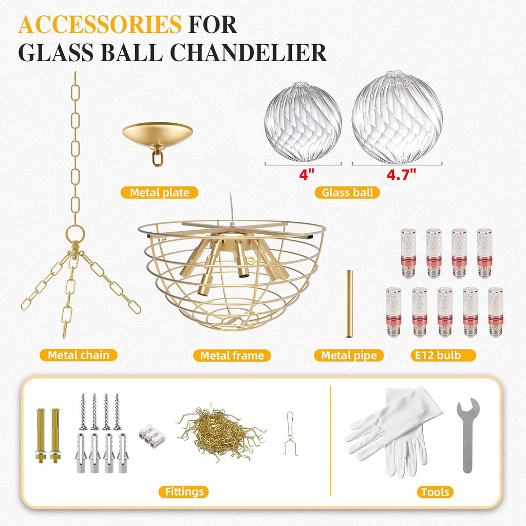 31' Gold 9-Light Bubble Chandelier | Swirled Clear Nordic Glass, Ribbed Glass Globe Pendant, Art Deco Cluster Ball Fixture