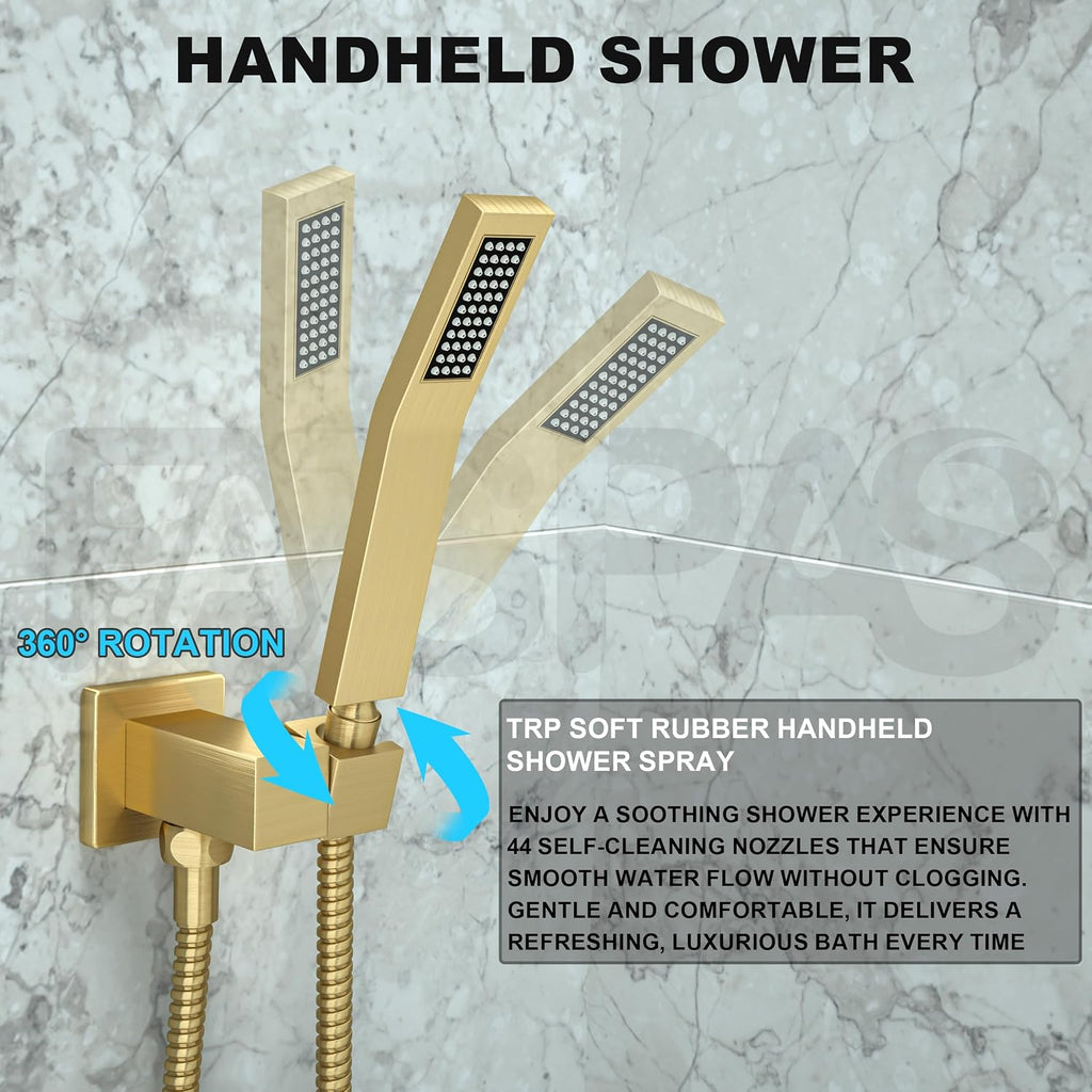 Brushed Gold Shower System with 12-Inch Rain Showerhead and Tub Spout | cUPC-certified pressure balance brass valve to prevent scalding, CEC-certified air injection technology for low pressure