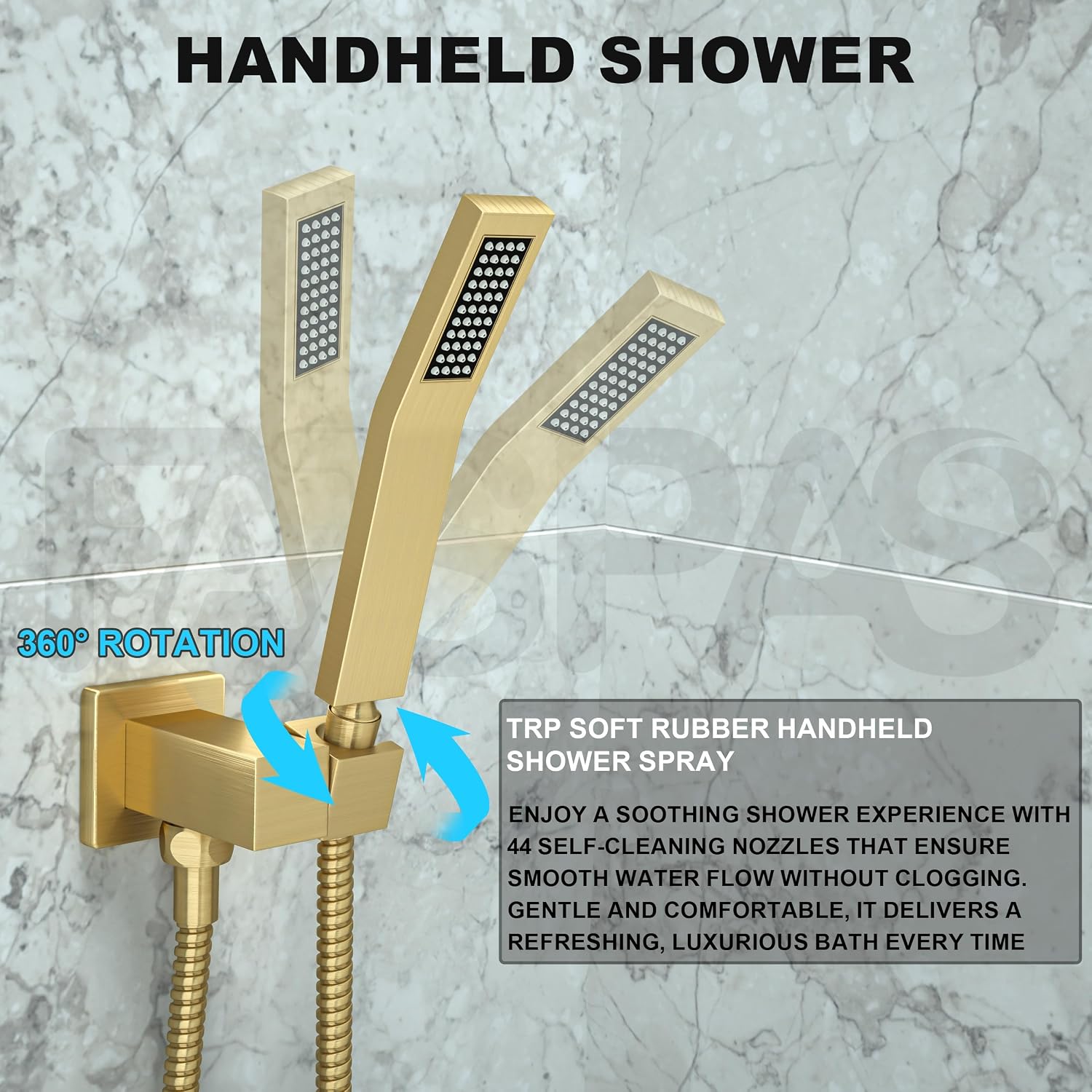 Brushed Gold Shower System with 12-Inch Rain Showerhead and Tub Spout | cUPC-certified pressure balance brass valve to prevent scalding, CEC-certified air injection technology for low pressure