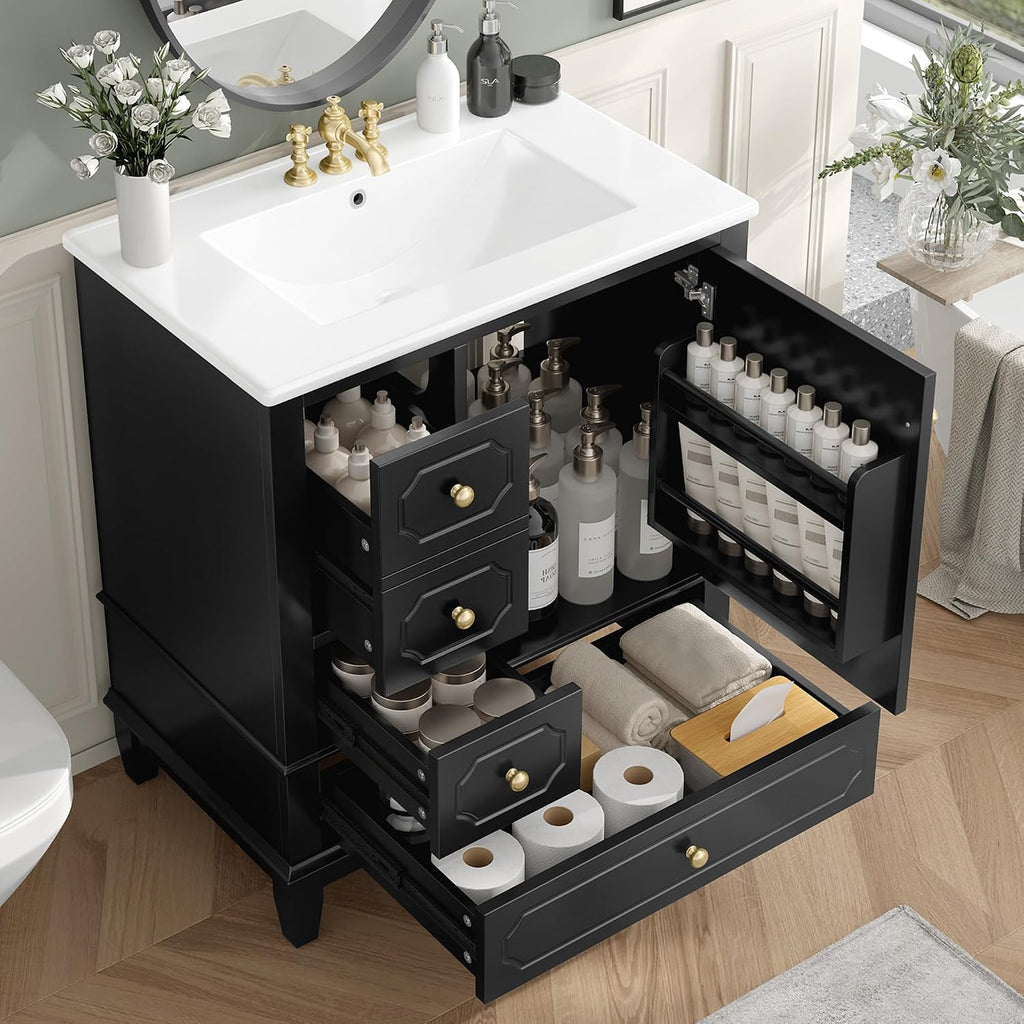 30' Bathroom Vanity with Sink, Harper & Bright Designs Free Standing Single Vanity Set with 3 Drawers and One Door with Storage Racks, Solid Wood Storage Cabinet with Ceramic Basin for Bathroom, Black