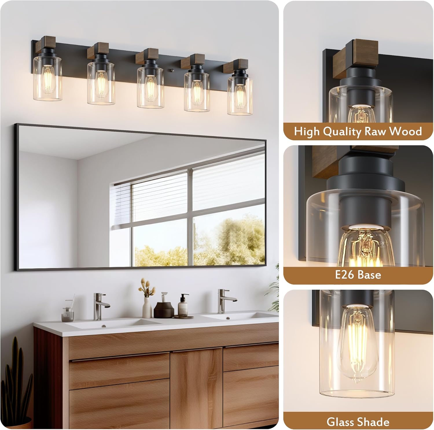 Farmhouse Bathroom Vanity Light Fixtures, Rustic 5-Light Wood Vanity Lights for Bathroom, Vintage Black Wall Sconces Lighting, Light fixtures Over Mirror, with Glass Shade