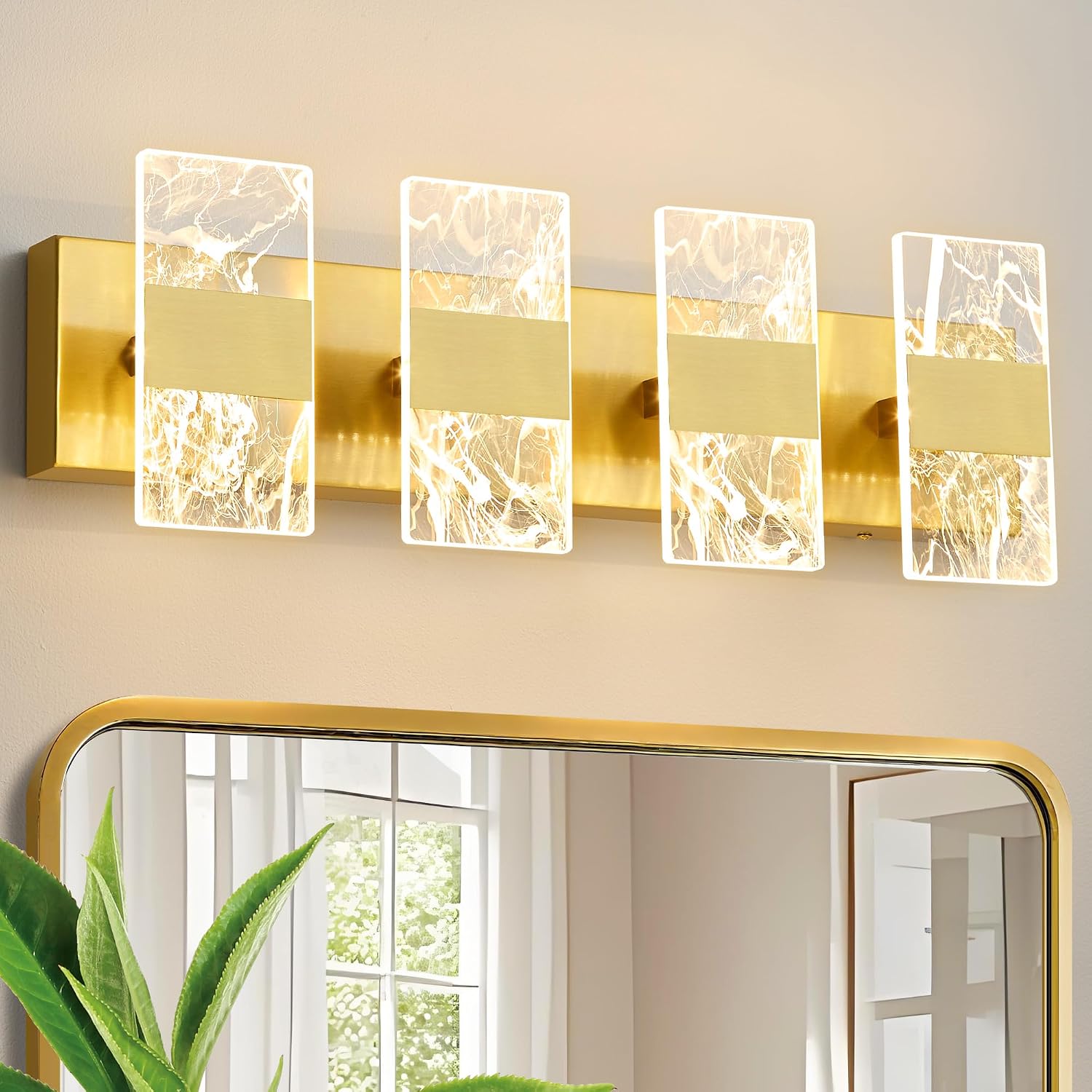 Modern LED Bathroom Light Fixtures Dimmable 4-Light Gold Vanity Light, 5CCT Adjustable Lighting Fixture Vanity Lights Over Mirror, Smoked Acrylic LED Vanity Lights for Bathroom