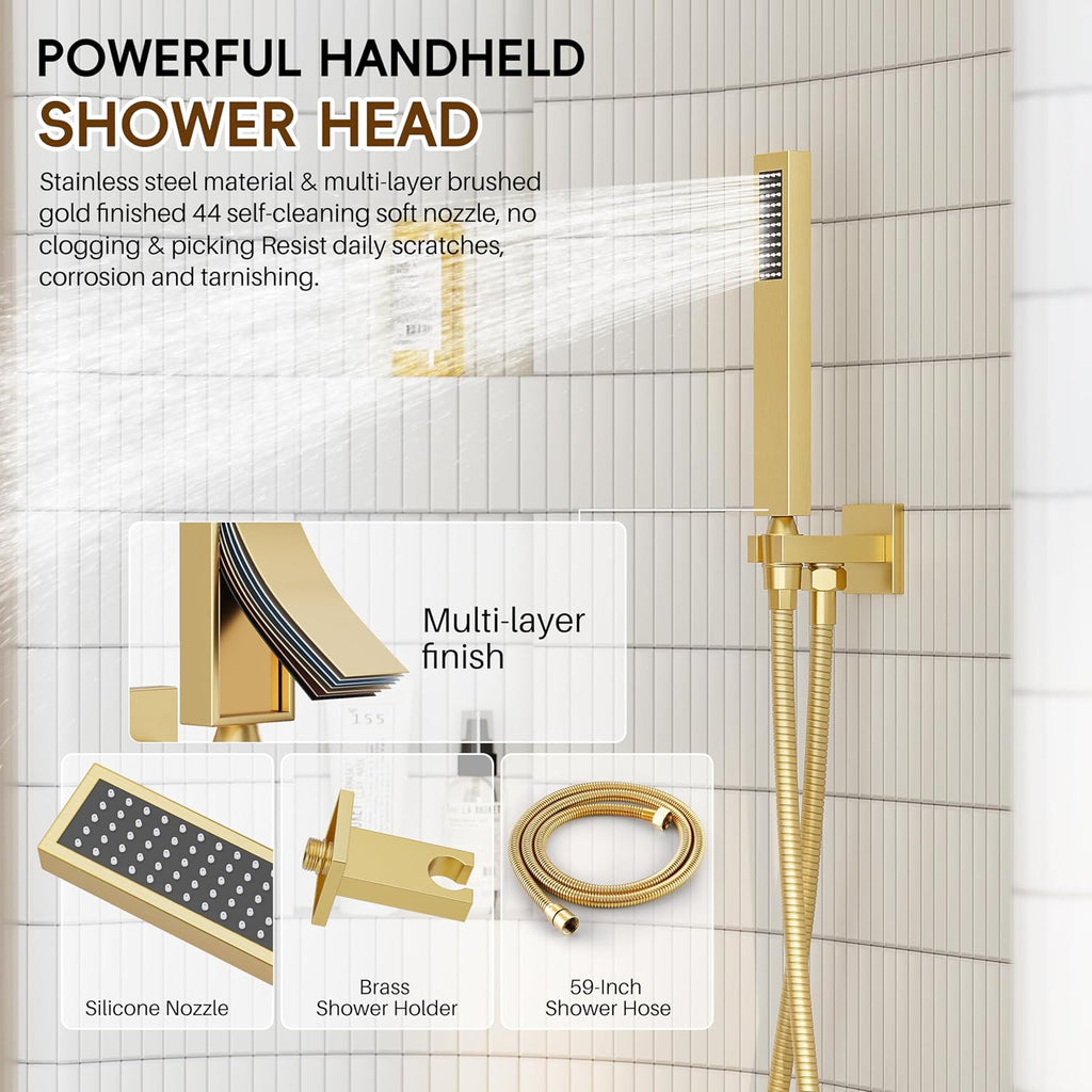 Gold Shower System, Shower Faucet Set with 10' Rain Showerhead and Handheld Combo Spray, Bathroom Wall Mounted High Pressure Shower Combo Set Included Valve and Trim, Brushed Gold