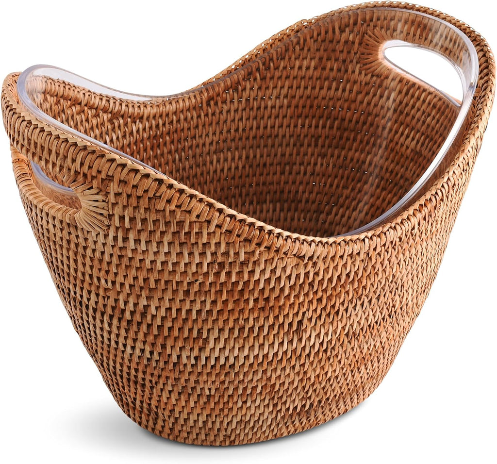Vagabond House Handmade Rattan Wicker Champagne Ice Bucket/Tub for Chilling Bottle Drinks - Ice Holder for Party, Outdoor Coolers with Removable Acrylic Lining, Cutout Handles - for Beer Wine Soda