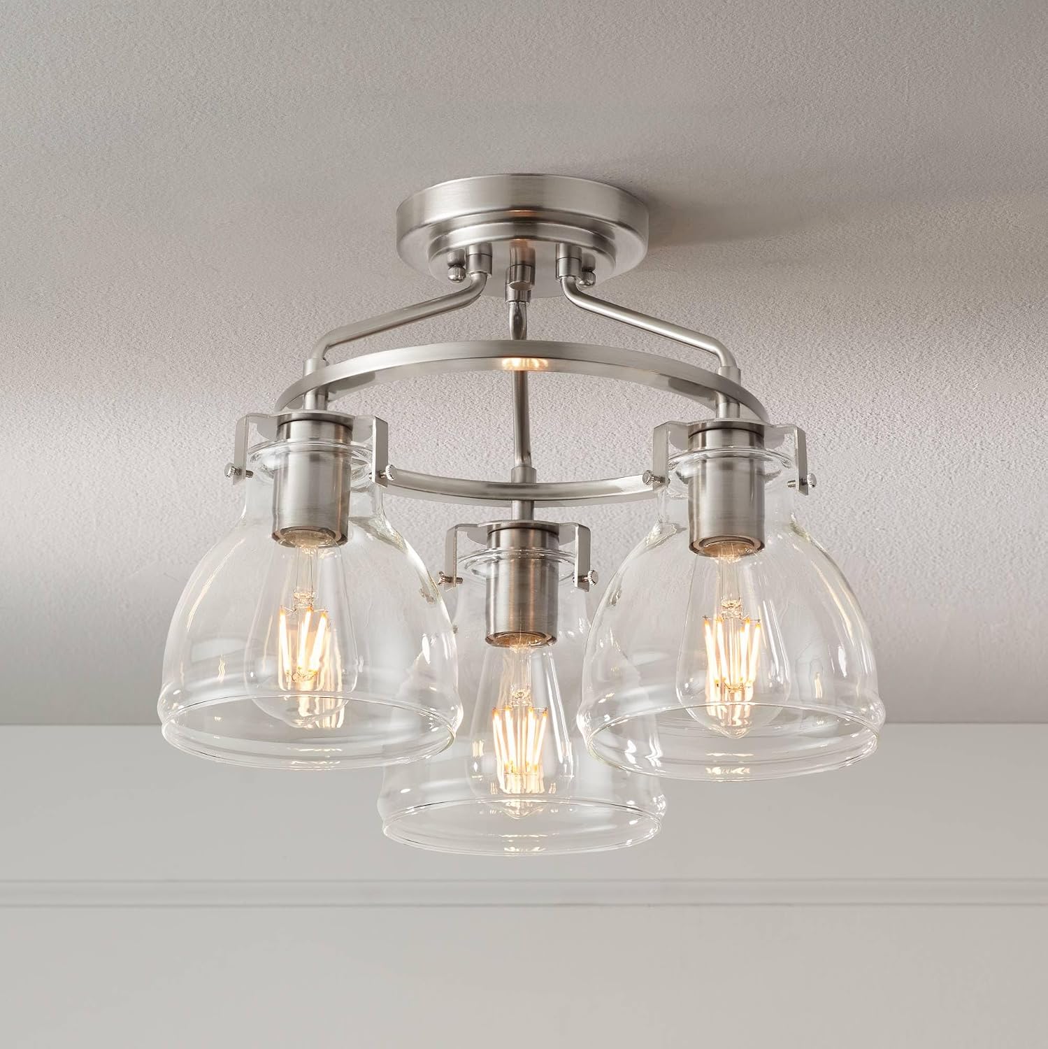 Possini Euro Design Bellis Modern Industrial Close to Ceiling Light Semi Flush Mount Fixture 14 1/2' Wide 3-Light Brushed Nickel Clear Glass Shade Bedroom Hallway Living Room Dining Room Bathroom