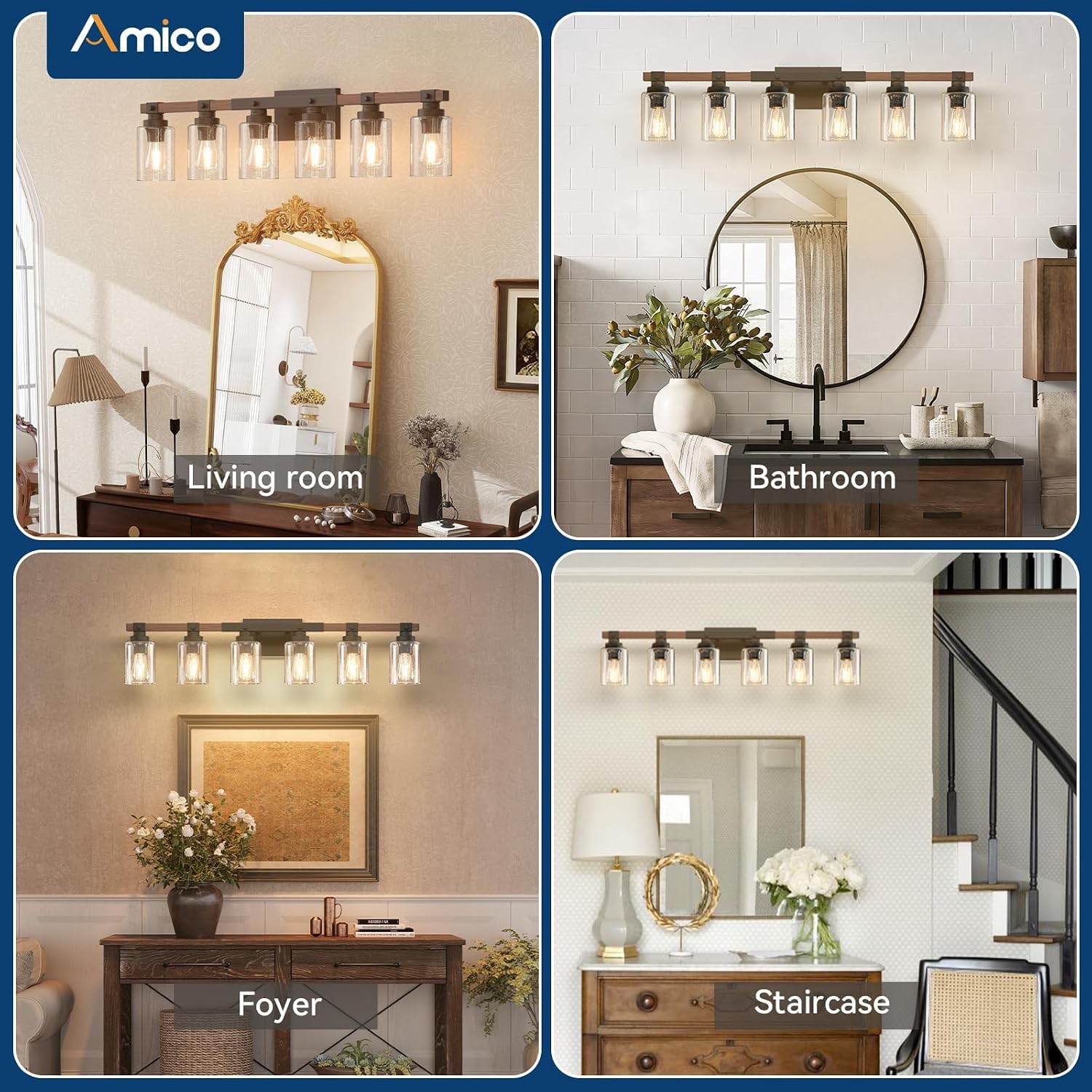 Amico Farmhouse Bathroom Vanity Light Fixtures,Rustic 6-Light Industrial Painted Wood Lights,Vintage Black Wall Sconces Bathroom Vanity Lighting with Bubble Glass Shade