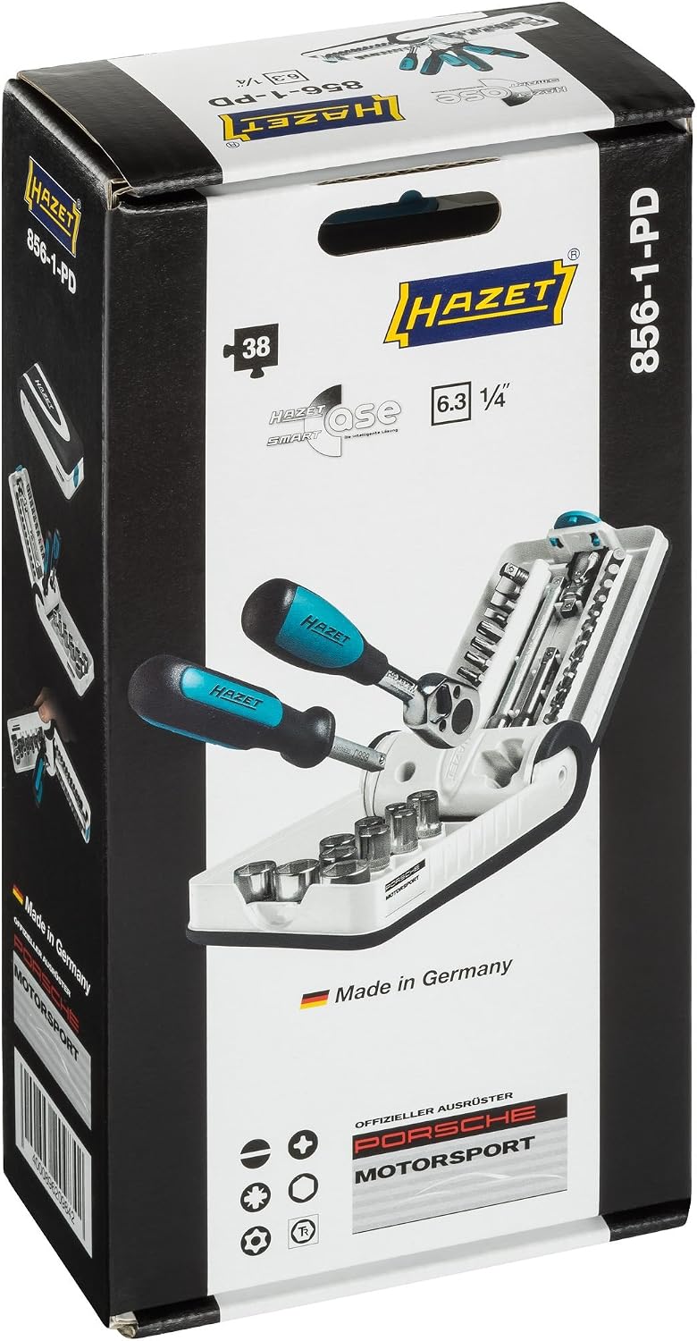 Hazet Professional Socket Spanner Set 6.3 mm (1/4 Inch) Square/Hex (Porsche Motorsport Design, Set with Reversible Ratchet 863P 38) 856/PD