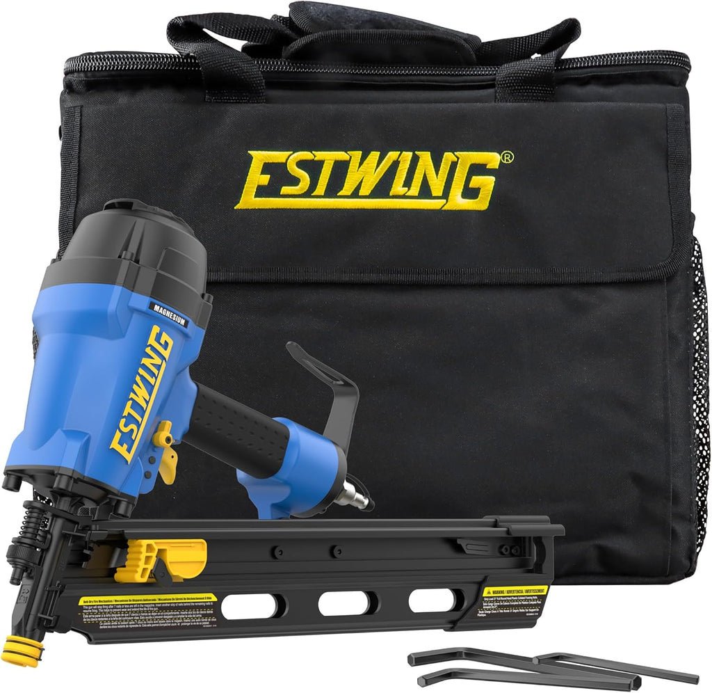 Estwing Pneumatic 21 Degree Framing Nailer, 2'–3-1/2' Framing Nails, Lightweight Magnesium Nail Gun with Depth Adjustment, Dual Trigger & Swivel Fitting, Includes Belt Hook & Carry Bag, EFR2190