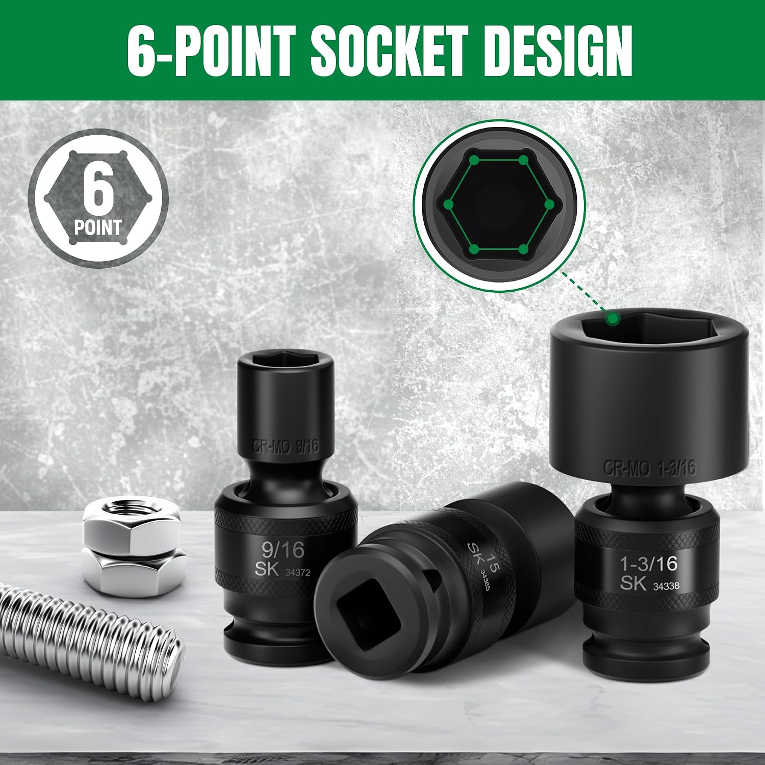 SK 1/2' Drive Universal Swivel Impact Socket Set, SAE Socket Set, 13-Piece, Premium CR-MO Steel, SureGrip 6 Point Design, with Storage Case