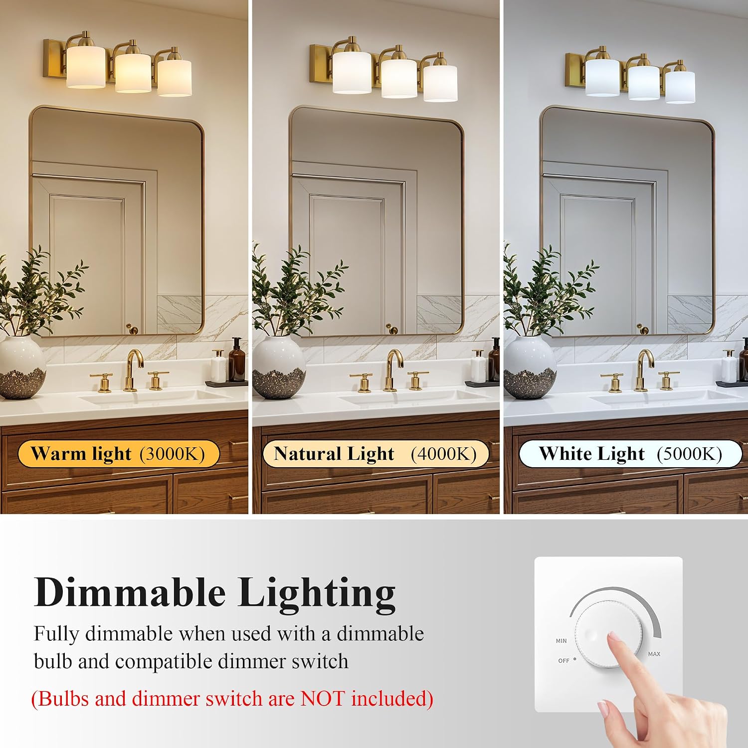 Mecgirn Stainless Steel Milk Glass Vanity Lights for Bathroom, 3 Light Gold Bathroom Light Fixtures Over Mirror, Ceramic E26 Sockets Wall Mounted