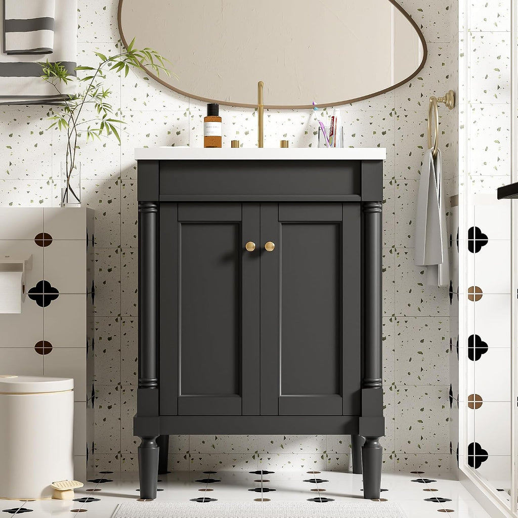 Virubi 24 Inch Bathroom Vanity with Single Sink Combo Set, Modern Bathroom Storage Cabinet with Double Soft Closing Doors, Solid Wood Frame Bathroom Vanities. (Dark Black)
