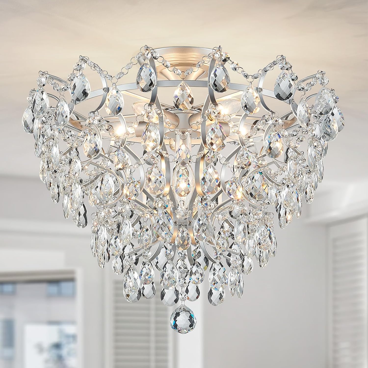 WUZUPS 6-Light Crystal Chandelier Ceiling Light Modern Lighting Fixture for Bedroom Hallway Bar Kitchen Bathroom, H 15.6' W 20.1', E12 Base, Silver