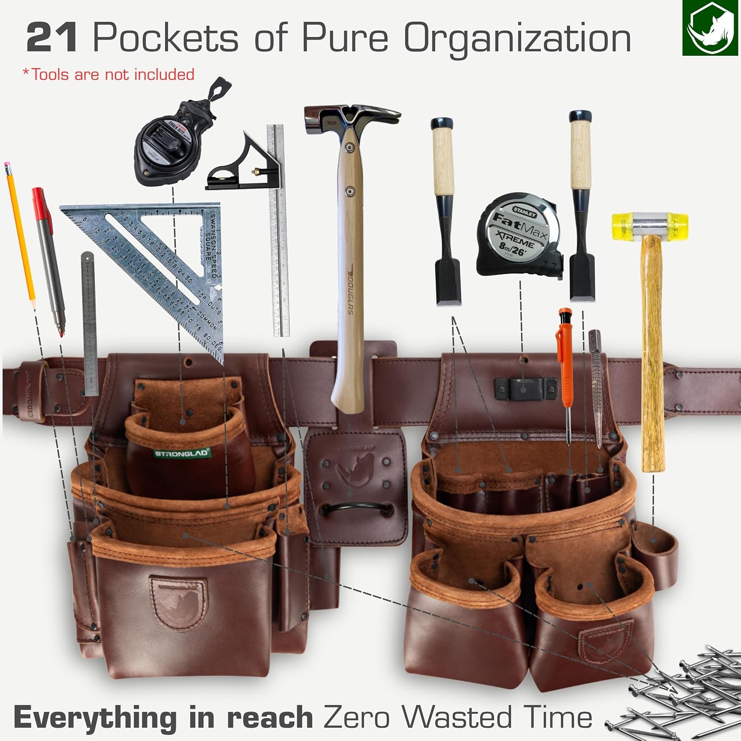 STRONGLAD Framing Tool Belt - 21-Pocket Full-Grain Oil-Tanned Leather Carpenter Tool Bags, Construction Tool Belt with Hammer Holder