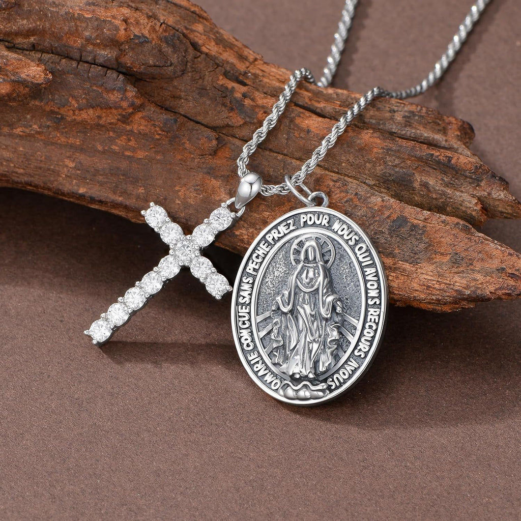 Real Sterling Silver Religious Necklace for Women, s925 Silver Cross Necklace Christian Religion Jewelry for Confirmation Baptism Ladies Mom, 18+2'