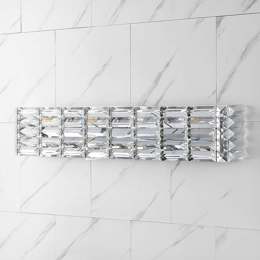 JONATHAN Y 31.75' Chrome Modern Crystal Vanity Light, LED Bathroom Wall Sconce, 4-Light Fixture for Mirror, Glam Lighting with Clear Crystal Shade, Art Deco Makeup Wall Lamp (JYL7541A)