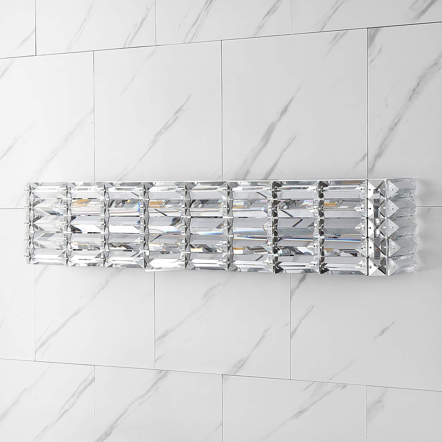 JONATHAN Y 31.75' Chrome Modern Crystal Vanity Light, LED Bathroom Wall Sconce, 4-Light Fixture for Mirror, Glam Lighting with Clear Crystal Shade, Art Deco Makeup Wall Lamp (JYL7541A)