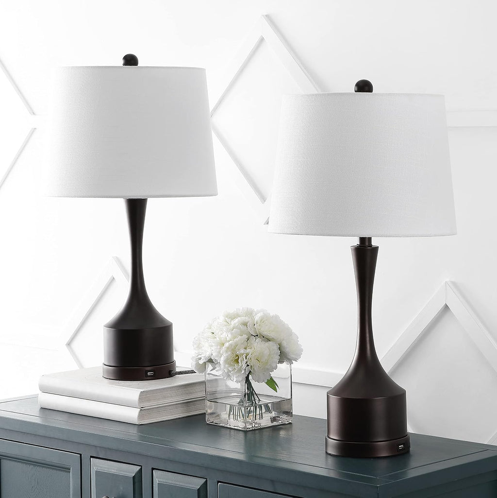 JONATHAN Y 26' Oil Rubbed Bronze Table Lamp Set of 2 with USB Charging Port, French Country Bedside Lamps for Living Room Bedroom Decor, White Linen Shade, LED Bulbs Included (JYL4045C-SET2)