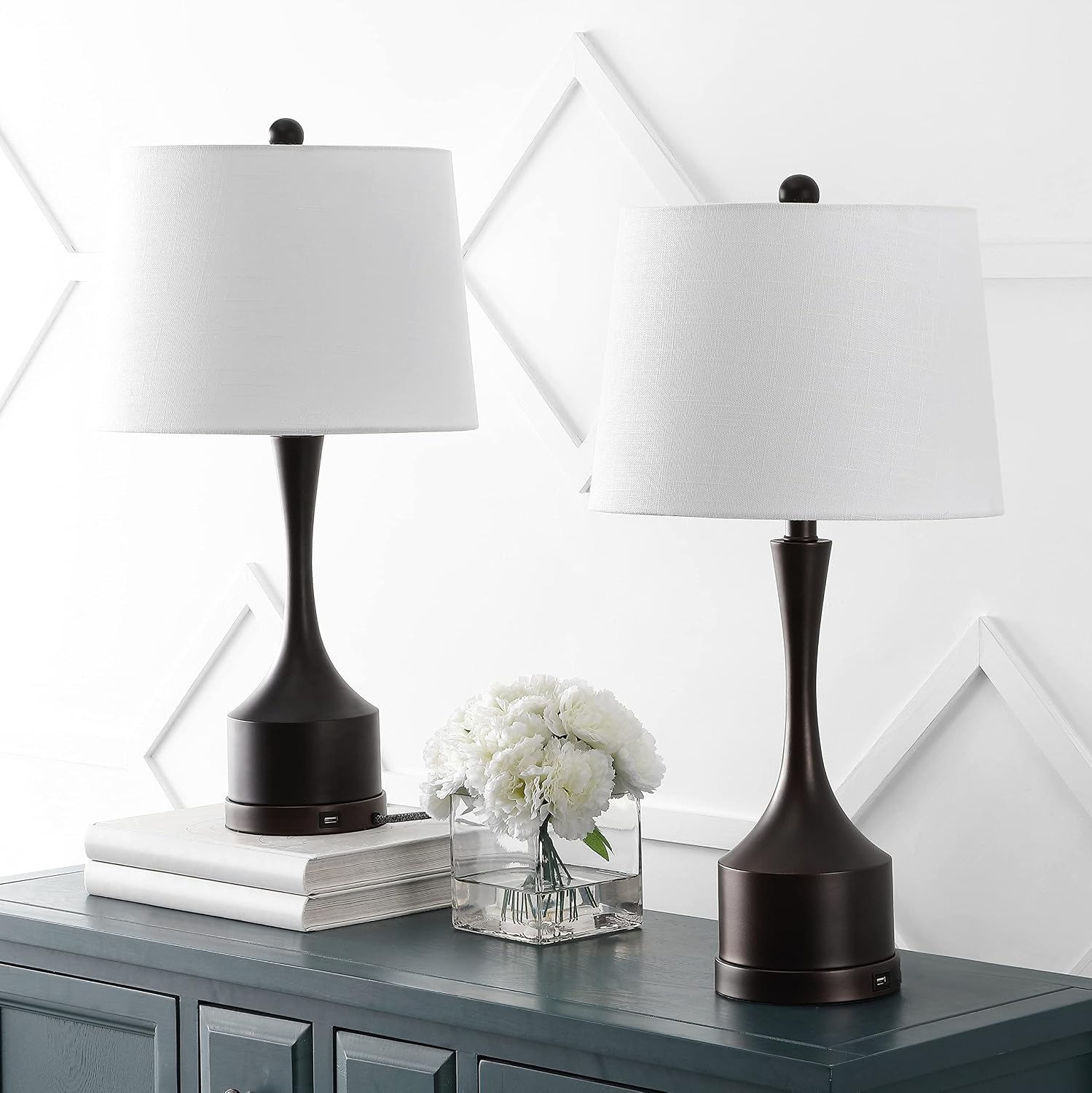 JONATHAN Y 26' Oil Rubbed Bronze Table Lamp Set of 2 with USB Charging Port, French Country Bedside Lamps for Living Room Bedroom Decor, White Linen Shade, LED Bulbs Included (JYL4045C-SET2)