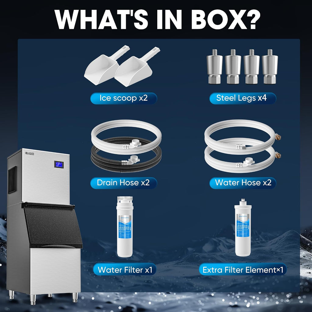 Coolski Commercial Ice Machine 420LBS/24H, 22'W Industrial Ice Maker with Large Storage Bin, Fast Ice Making, Upgraded Water Filters, DOE & ETL Certified, Ideal for Restaurants/Bars/Hotels