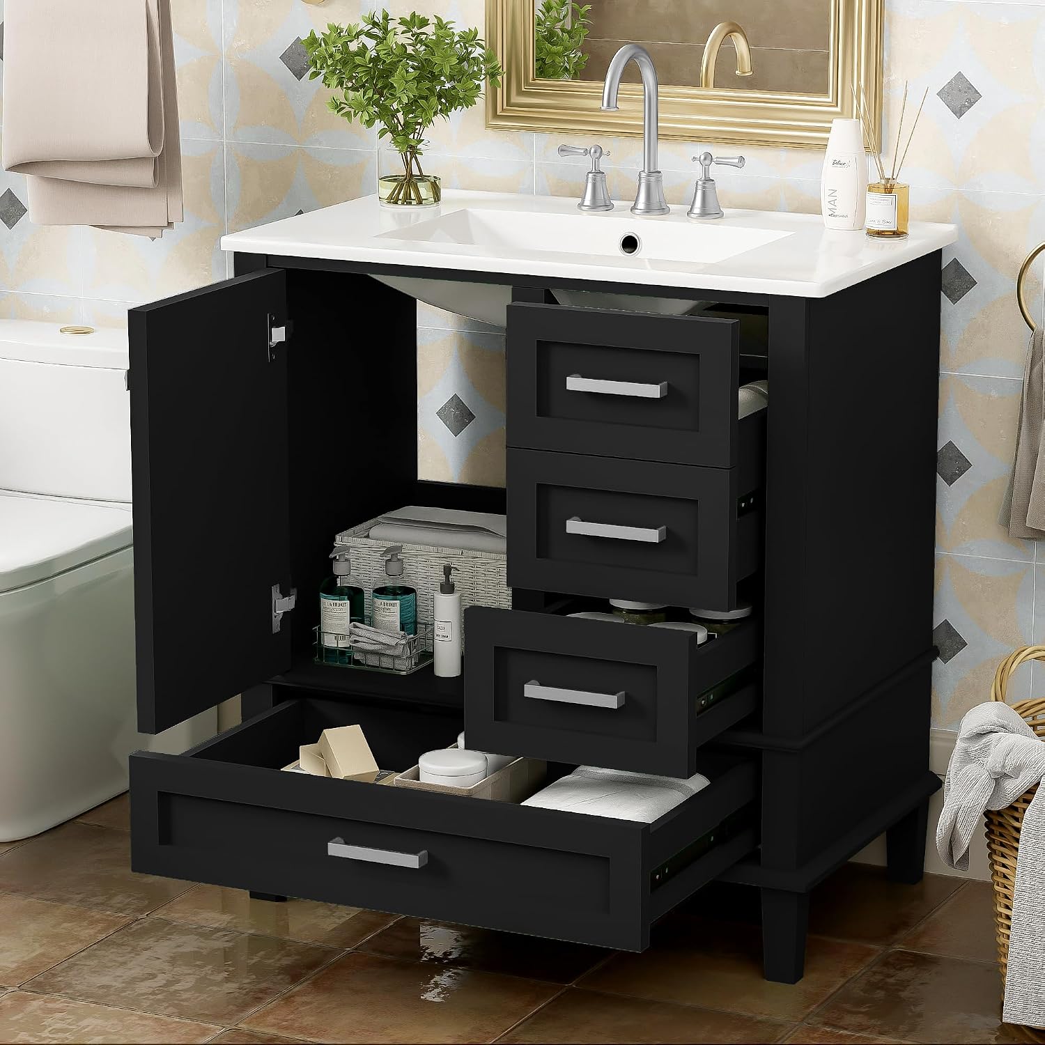 Merax 30' Black Bathroom Vanity with Sink Combo Set, Modern Storage Cabinet with a Soft Closing Door and 3 Drawers