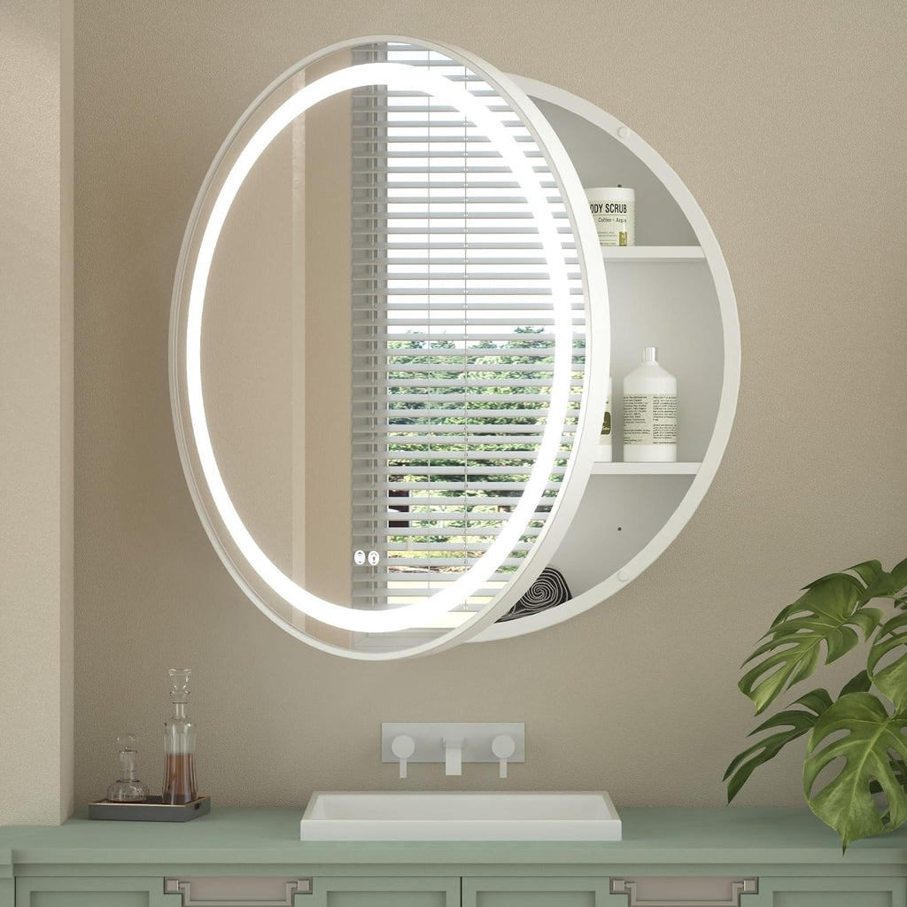 Keonjinn 30 Inch Round Lighted Medicine Cabinet, White LED Medicine Cabinet Mirror, Circle, Electrical Outlet, 3 Color Lights, Anti-Fog, Dimmable, Surface Mount Only