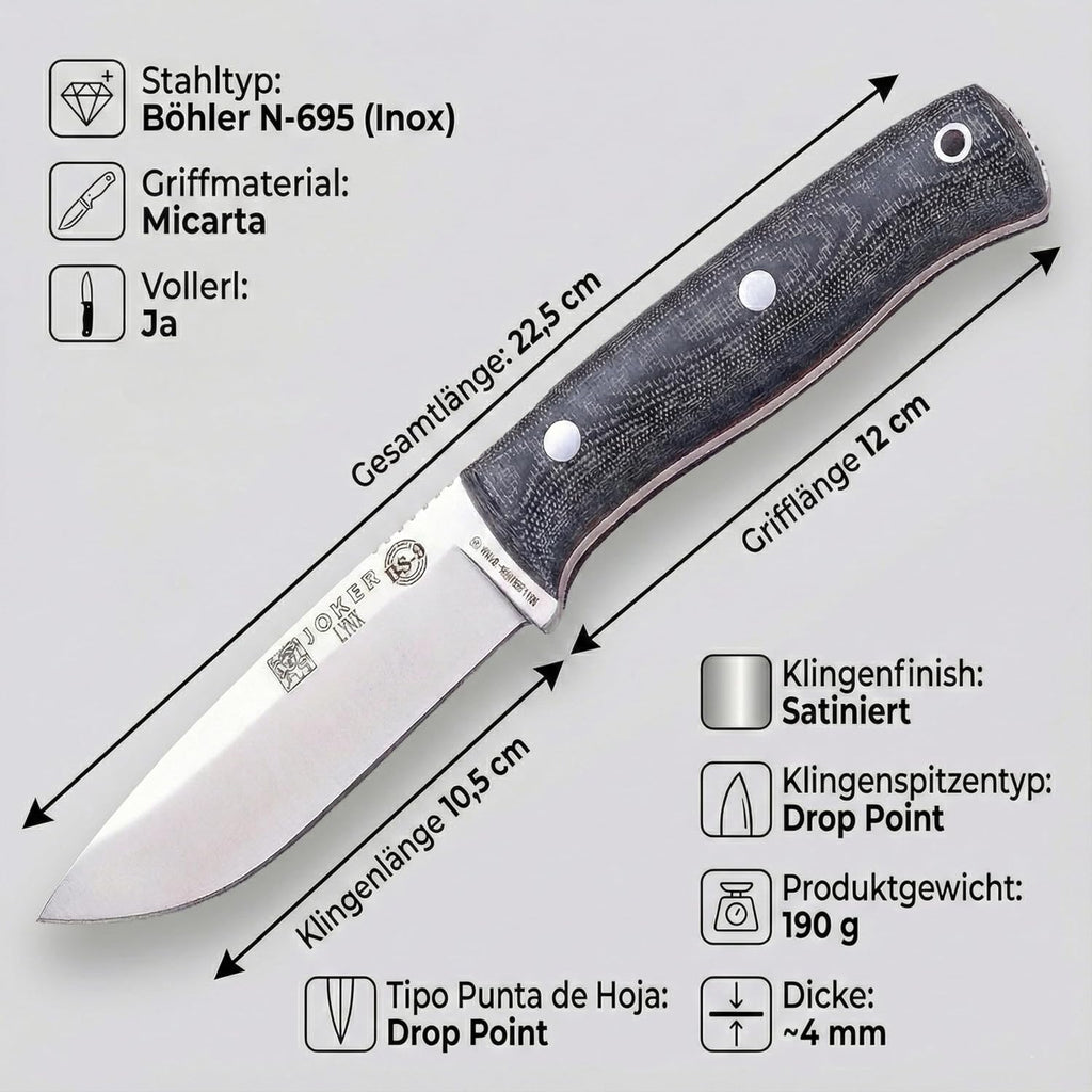 Joker Lynx CM111-K Bushcraft Knife, 4.13 in Bohler N695 Fixed Blade, Canvas Micarta Handle with Red Spacer, Kydex Sheath, Camp Craft Knife for Camping, Hiking, Hunting and Survival
