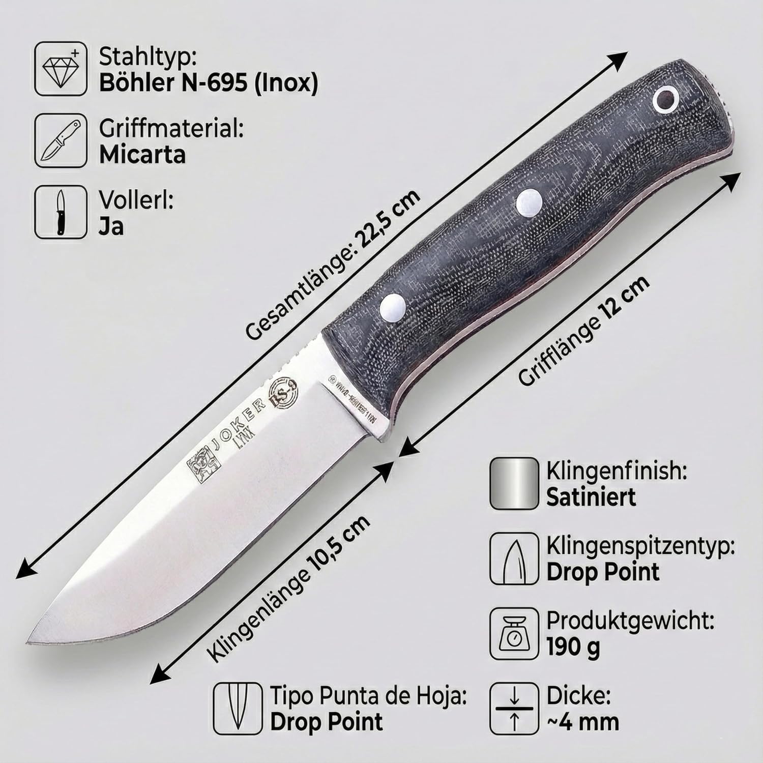 Joker Lynx CM111-K Bushcraft Knife, 4.13 in Bohler N695 Fixed Blade, Canvas Micarta Handle with Red Spacer, Kydex Sheath, Camp Craft Knife for Camping, Hiking, Hunting and Survival