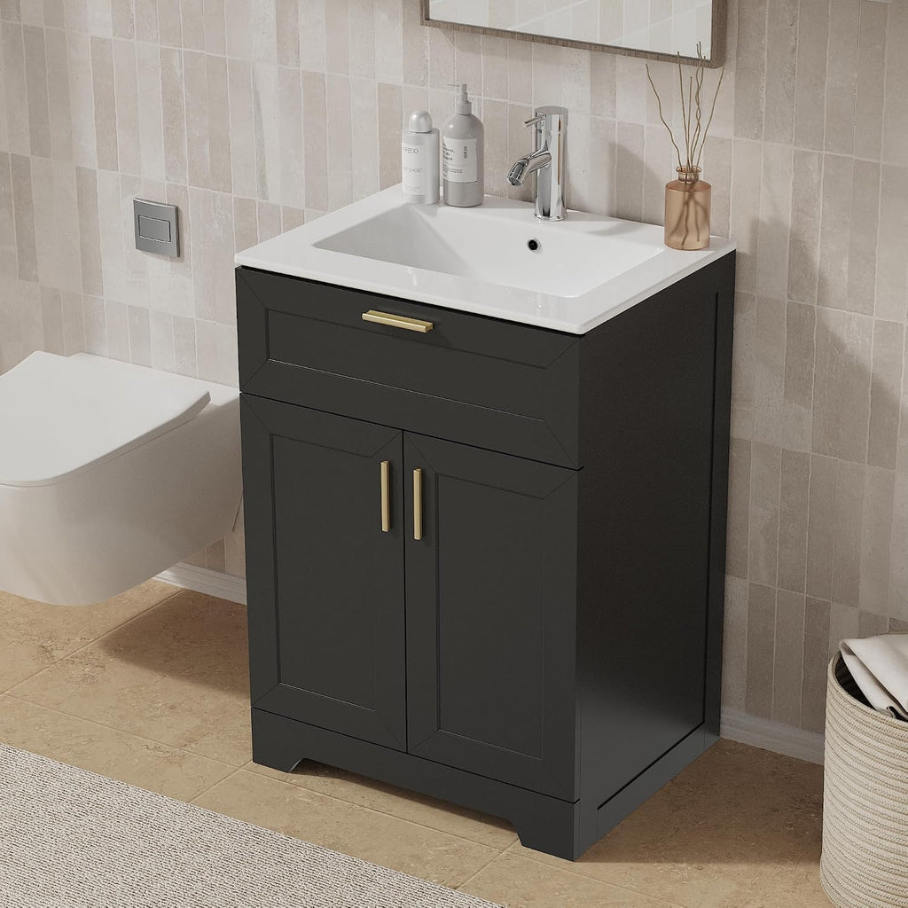 KIGOTY 24' Modern Bathroom Vanity with Ceramic Sink, Wooden Bathroom Storage Cabinet and Sink Combo Set, Freestanding Vanity Sink Cabinet with Faucet, Drawer and Soft-Closing Door (Black)