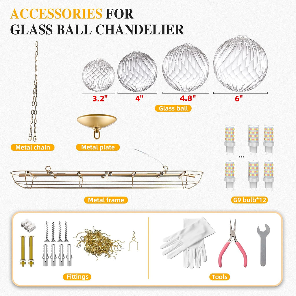 Luxury Bubble Glass Chandeliers Clear Ribbed Swirled Blown Glass Ball 50' L Rectangular Island Light Fixture Hanging Pendant Light Fixtures for Living Room Restaurant Dining Table