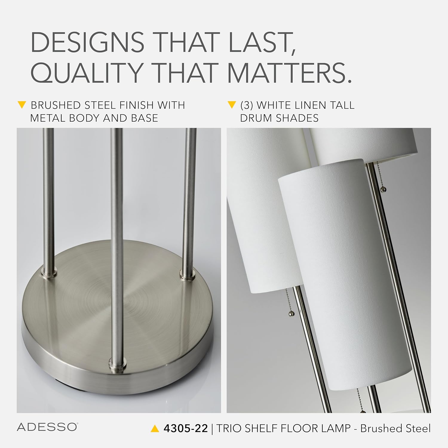 Adesso Trio Floor Lamp with Three Pull Chain Lights and Two-Tier Storage, Brushed Steel Base, White Linen Shades, 68' Tall, Enhances Room Decor and Lighting