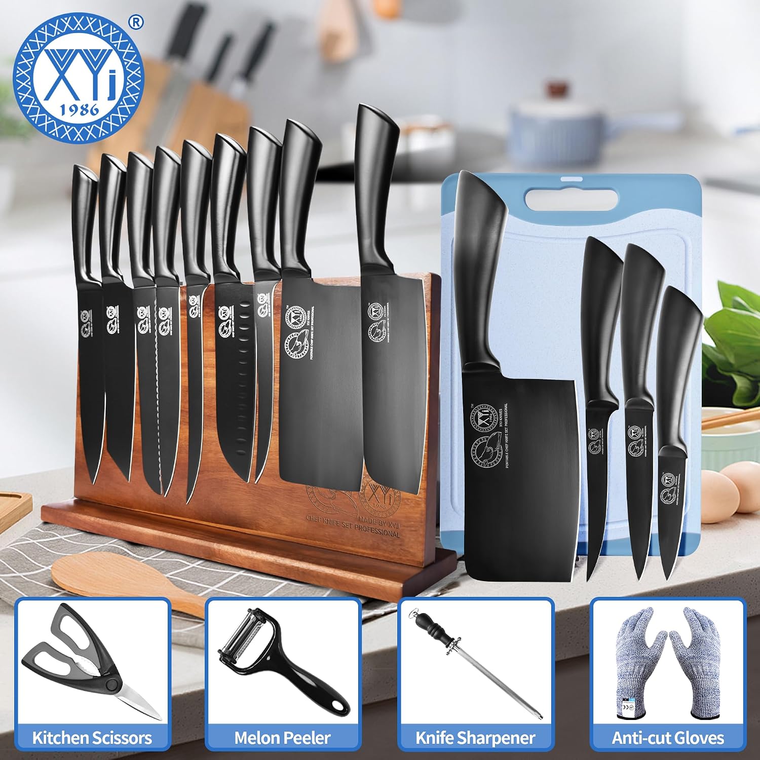 XYJ Professional Knife Sets for Master Chefs,Meat Cleaver Butcher for Camping,Chef Knife Set with Magnetic Knife Block,Stainless Steel Kitchen Knives Tools Kit