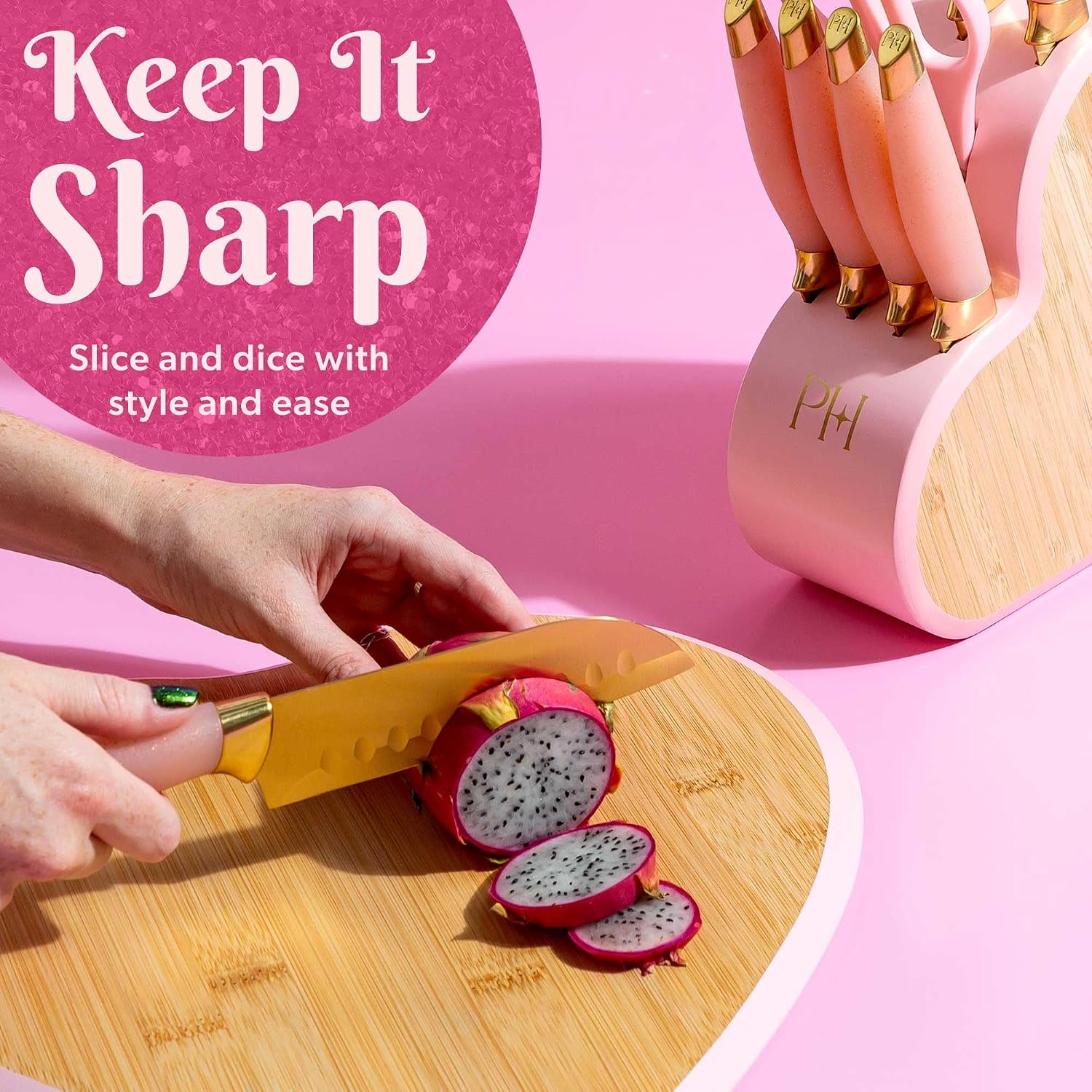 10-Piece Heart Knife Set – Stainless Steel Blades with Acrylic Block for Modern Kitchen Décor (Pink)
