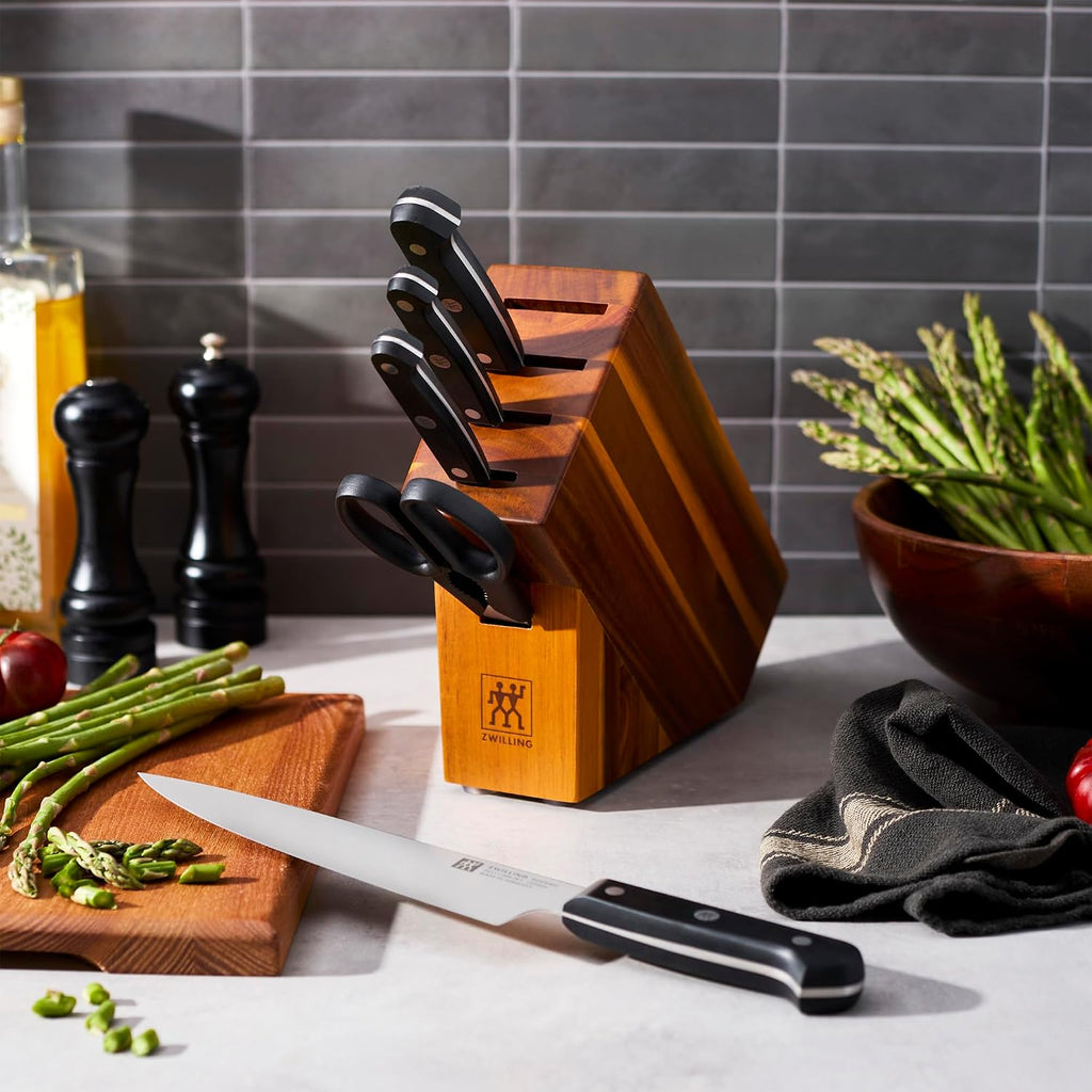 ZWILLING Gourmet 6-pc Knife Block Studio Set, 4-inch Pairing, 5-inch Serrated Utility, 6-inch Slicing, 8-inch Chef's, 5-Slot Acacia Studio Block, Shears, Made in Germany