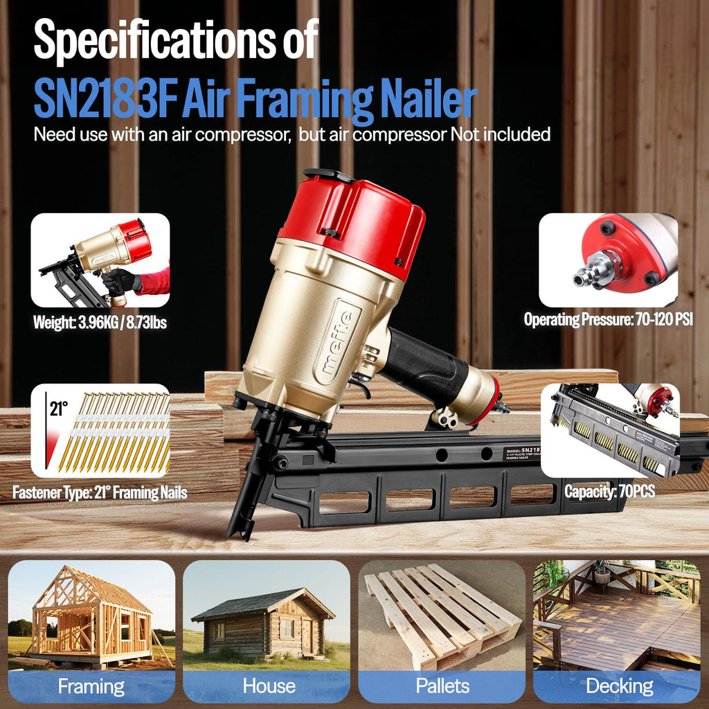 meite SN2183F 21 Degree Framing Nailer Pneumatic Nail Gun, Accepts 20-22° 2' to 3-1/4' Plastic Collated Framing Nails, Air-Powered Framing Nail Gun Tools for Wall Studs Pallet Sheathing Roof Decking
