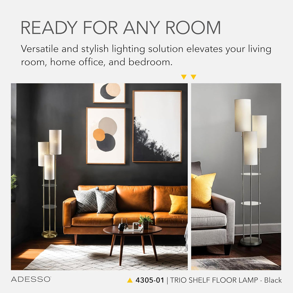 Adesso Trio Floor Lamp with Three Pull Chain Lights and Two-Tier Storage, Black Base, Brown Textured Fabric Shades, 68' Tall, Enhances Room Decor and Lighting