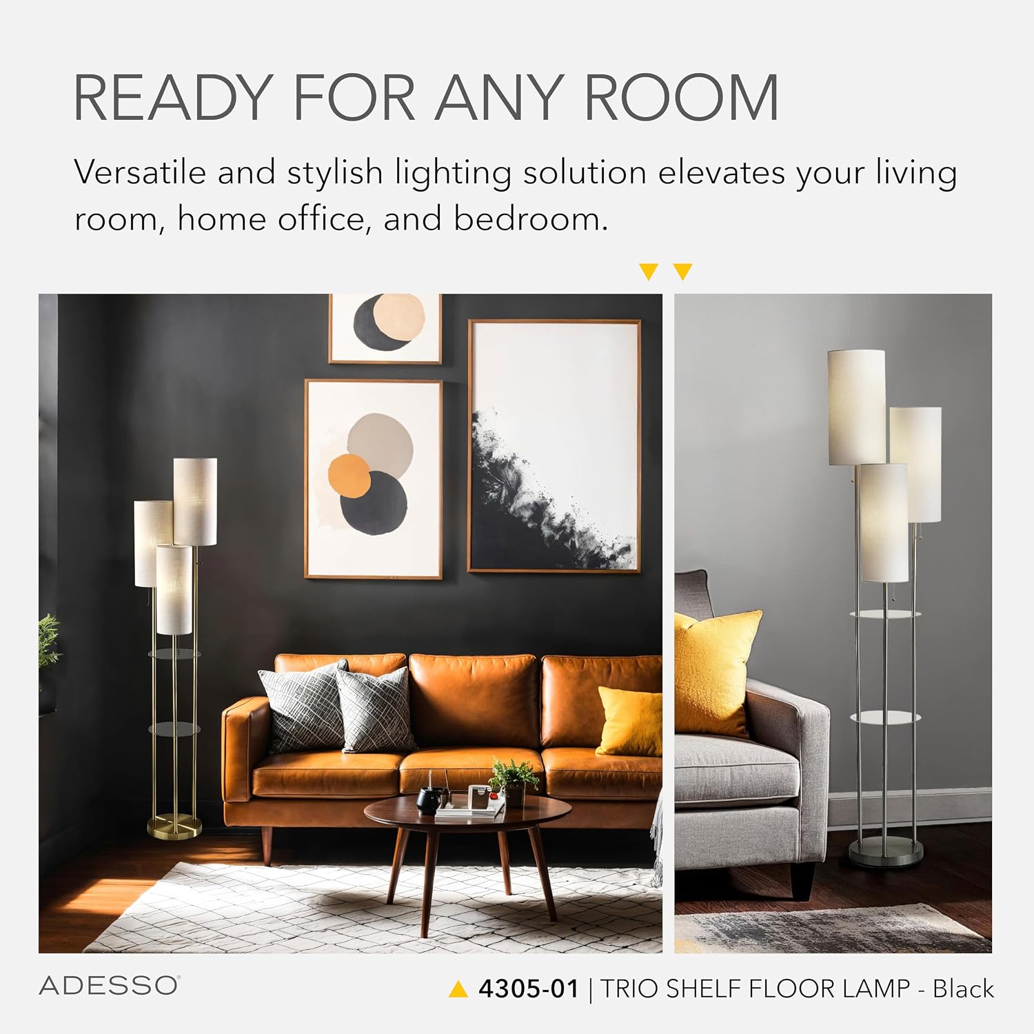 Adesso Trio Floor Lamp with Three Pull Chain Lights and Two-Tier Storage, Black Base, Brown Textured Fabric Shades, 68' Tall, Enhances Room Decor and Lighting