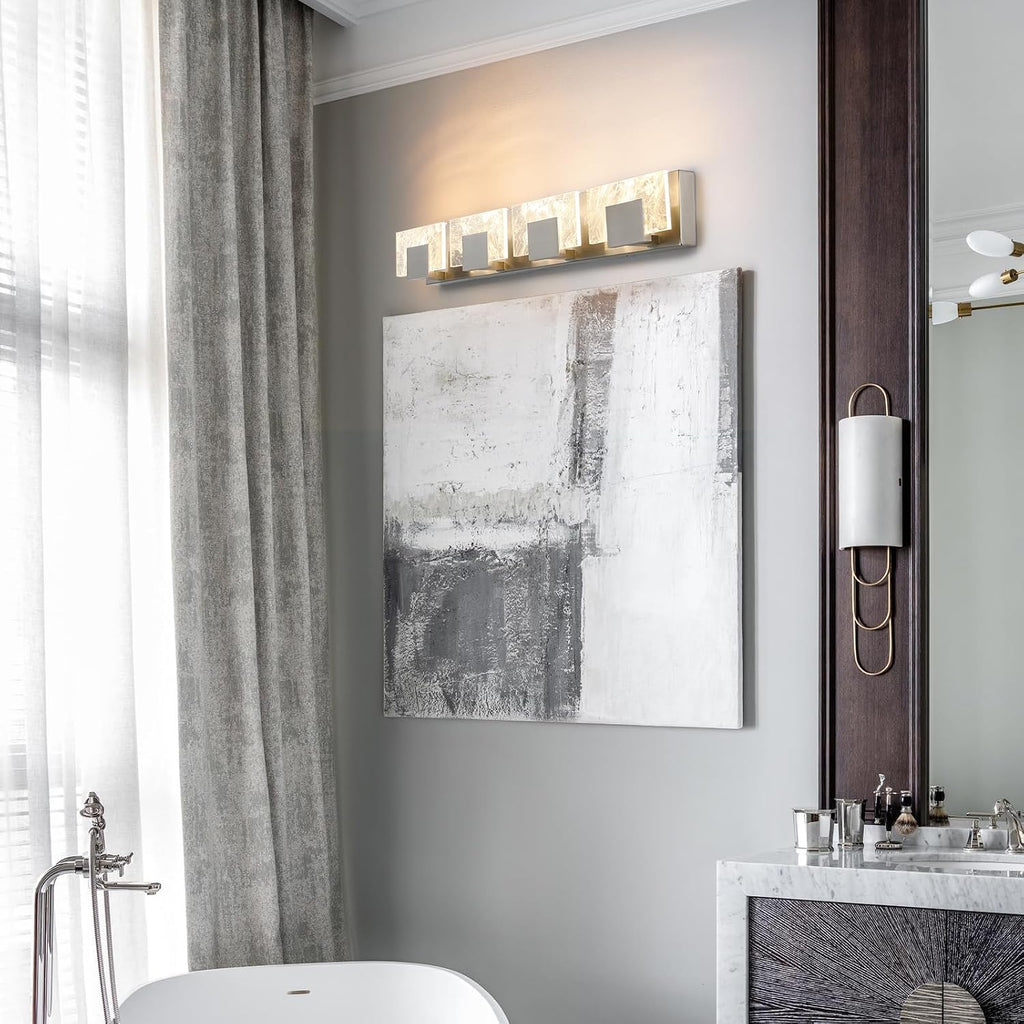LED Bathroom Vanity Light: 32 Inch Brushed Nickel Acrylic Modern Lighting Fixtures - 4-Lights Contemporary Smoke Design Wall Lights Fixture Over Mirror 3000K