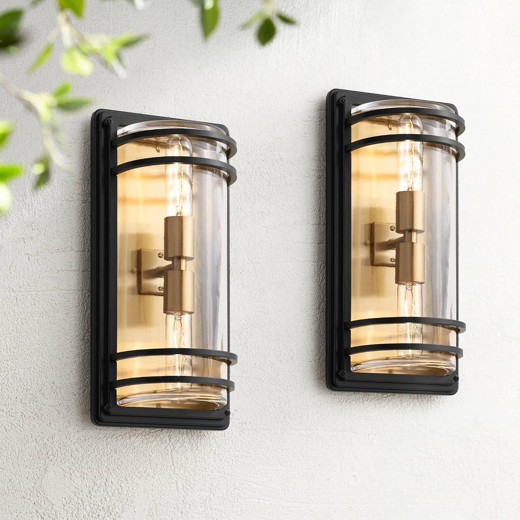 John Timberland Habitat Modern Industrial Wall Light Sconces Set of 2 Black Warm Brass Hardwire 7 1/2' Fixture Clear Glass Shade for Bedroom Bathroom Bedside Vanity Living Room Home Hallway