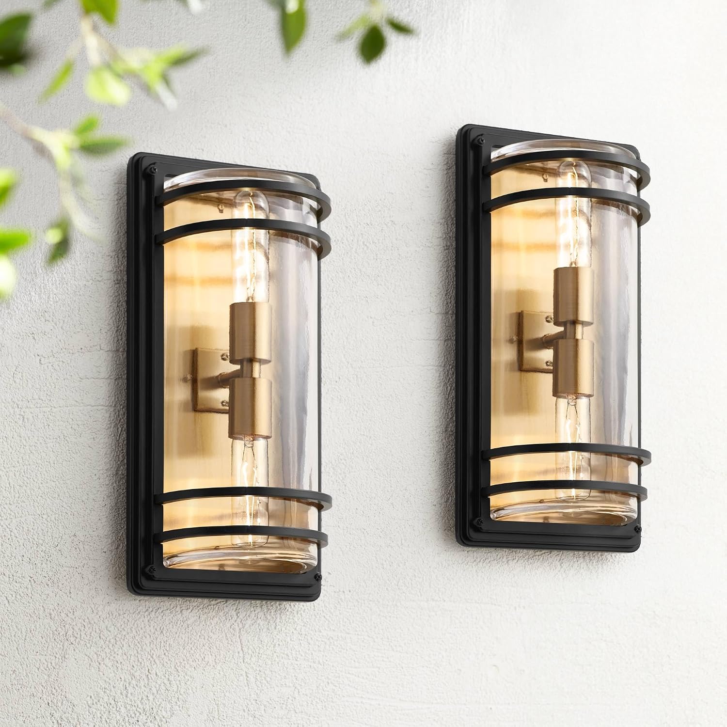 John Timberland Habitat Modern Industrial Wall Light Sconces Set of 2 Black Warm Brass Hardwire 7 1/2' Fixture Clear Glass Shade for Bedroom Bathroom Bedside Vanity Living Room Home Hallway