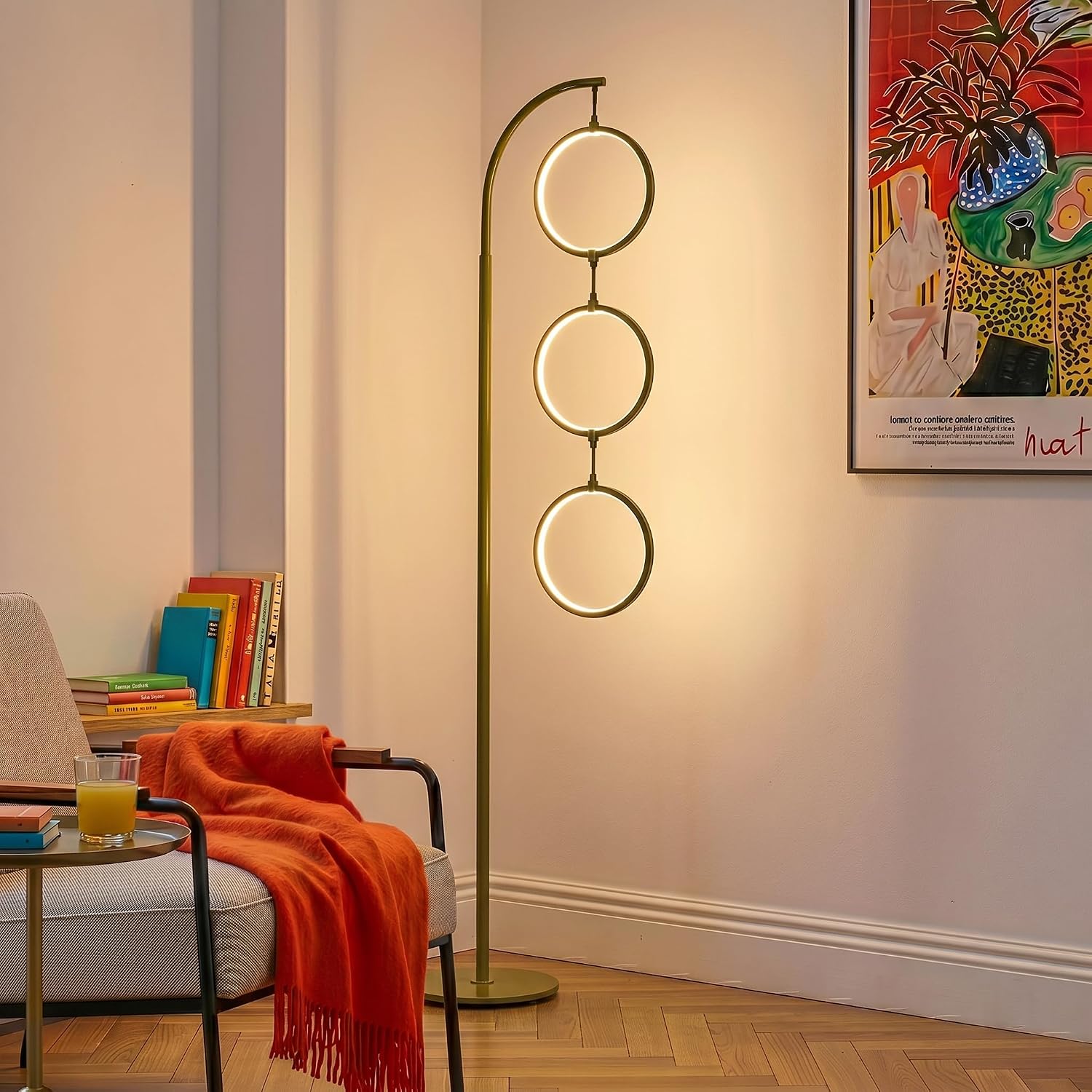 Brightech Nova Modern Floor Lamp - Contemporary Arc Tall Lamp with 3-Circle Ring-Style Pendant - Over the Couch Standing Lamp on Arching Pole - Eclectic Tall Lamp Matches Living Room Décor - Green